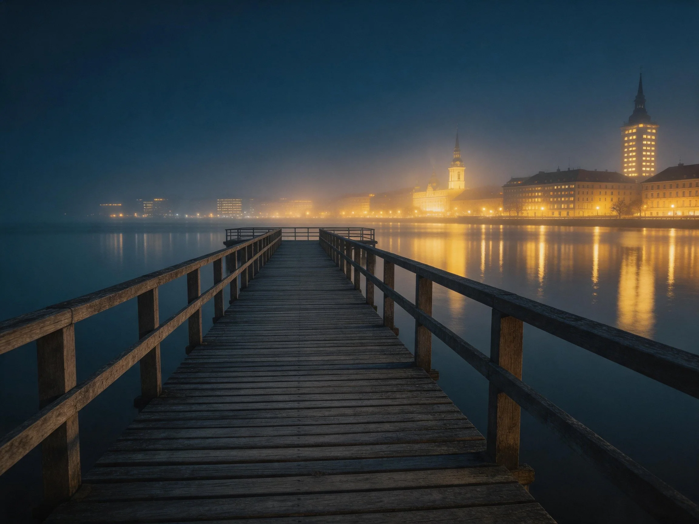 A foggy night with a wooden pier leading to glowing city buildings