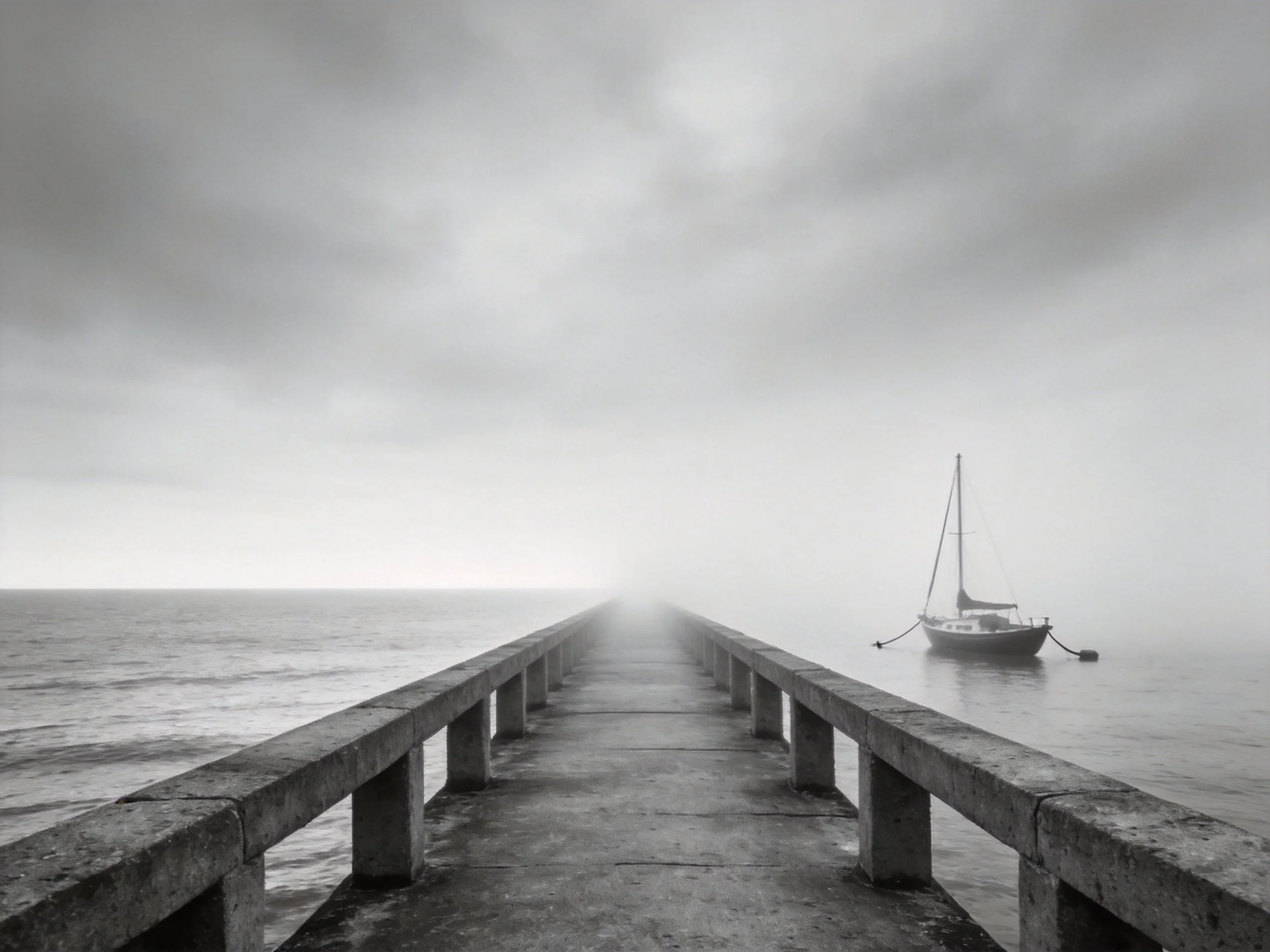 A foggy pier extends into calm waters with a sailboat