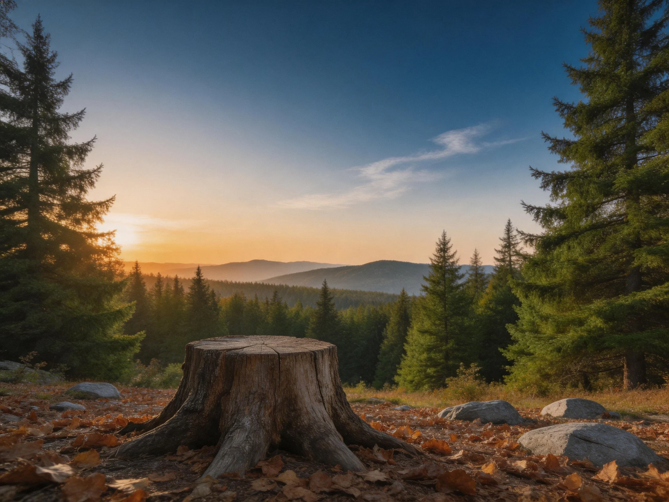 A forest landscape with a tree stump, evergreen trees, and distant mountains