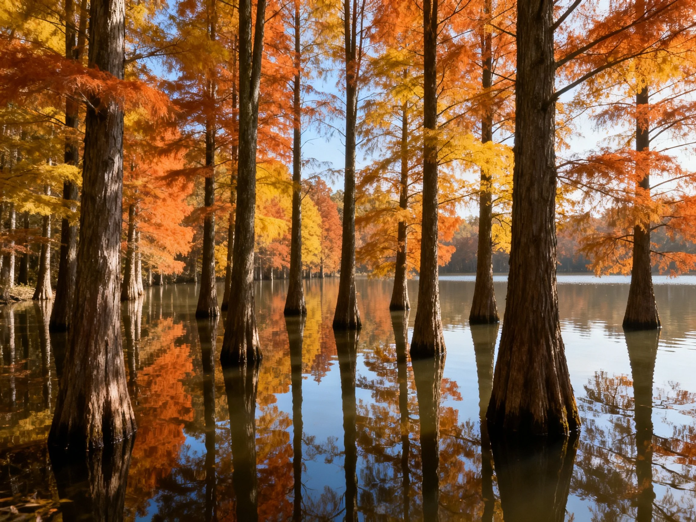 A forest of tall cypress trees with vibrant autumn foliage reflected in calm water