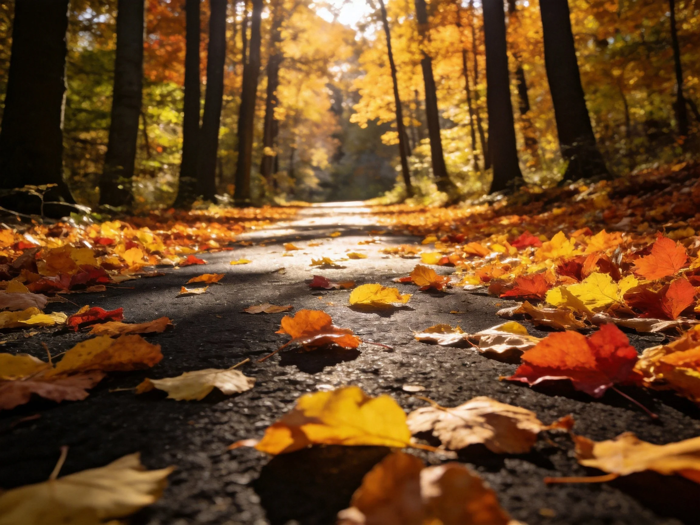 A forest path blanketed by colorful autumn leaves under golden sunlight