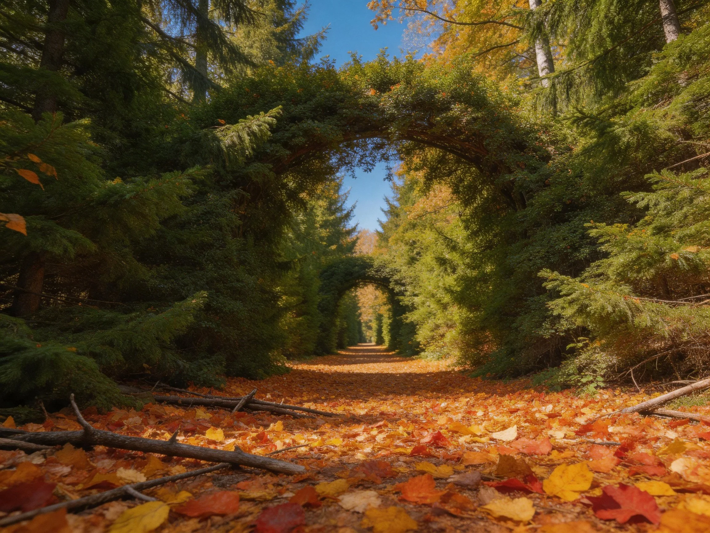 A forest pathway with leafy green arches, autumn leaves scattered