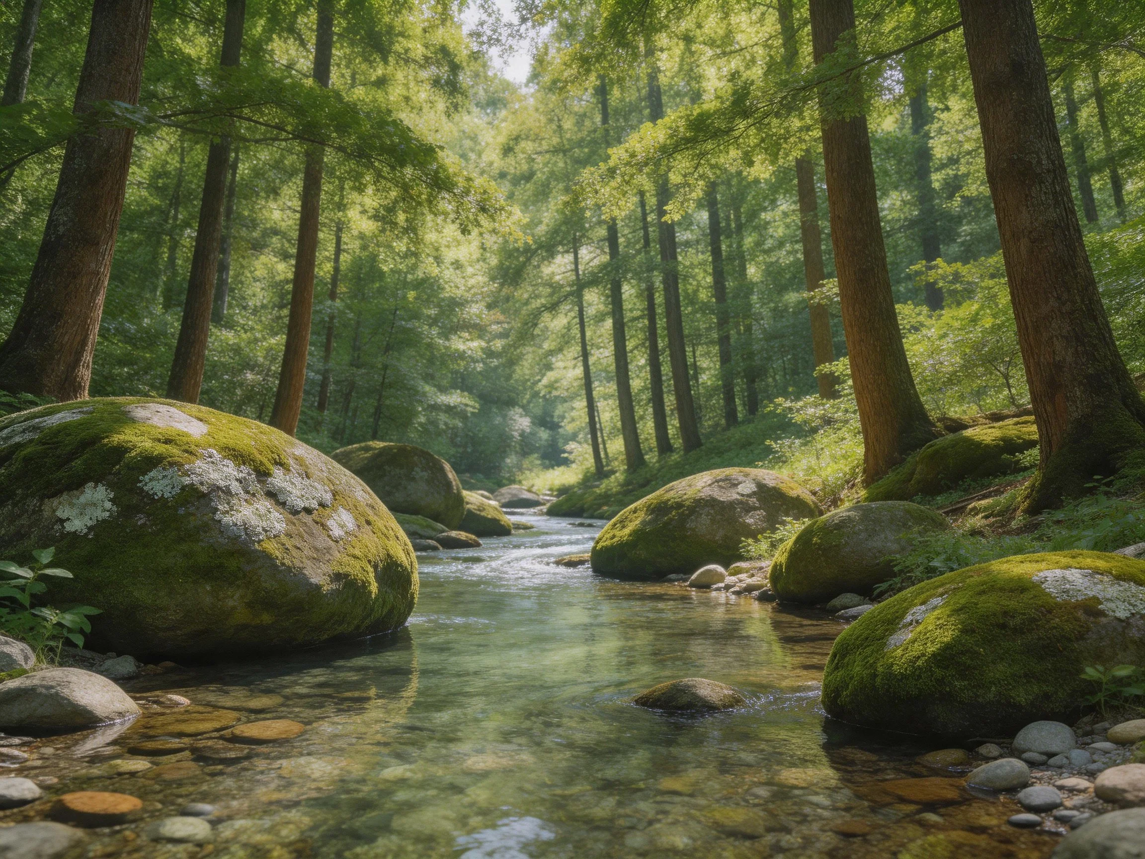 A forest stream flows past mossy rocks and tall trees in a serene woodland