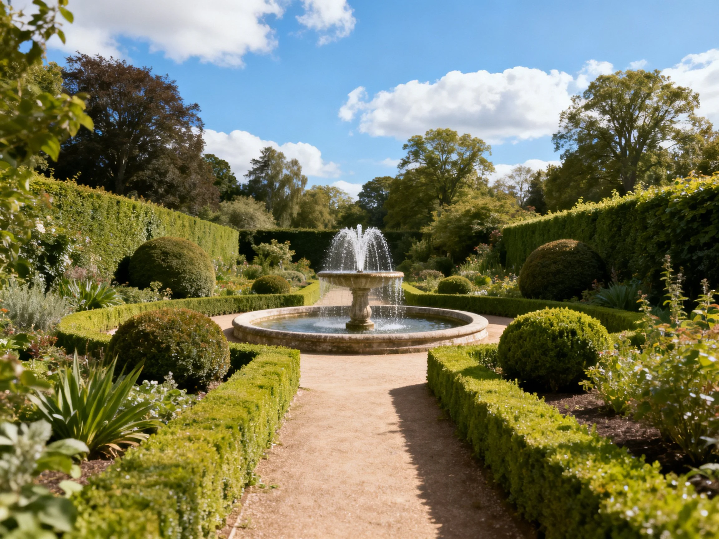 A formal garden with a central stone fountain and manicured hedges