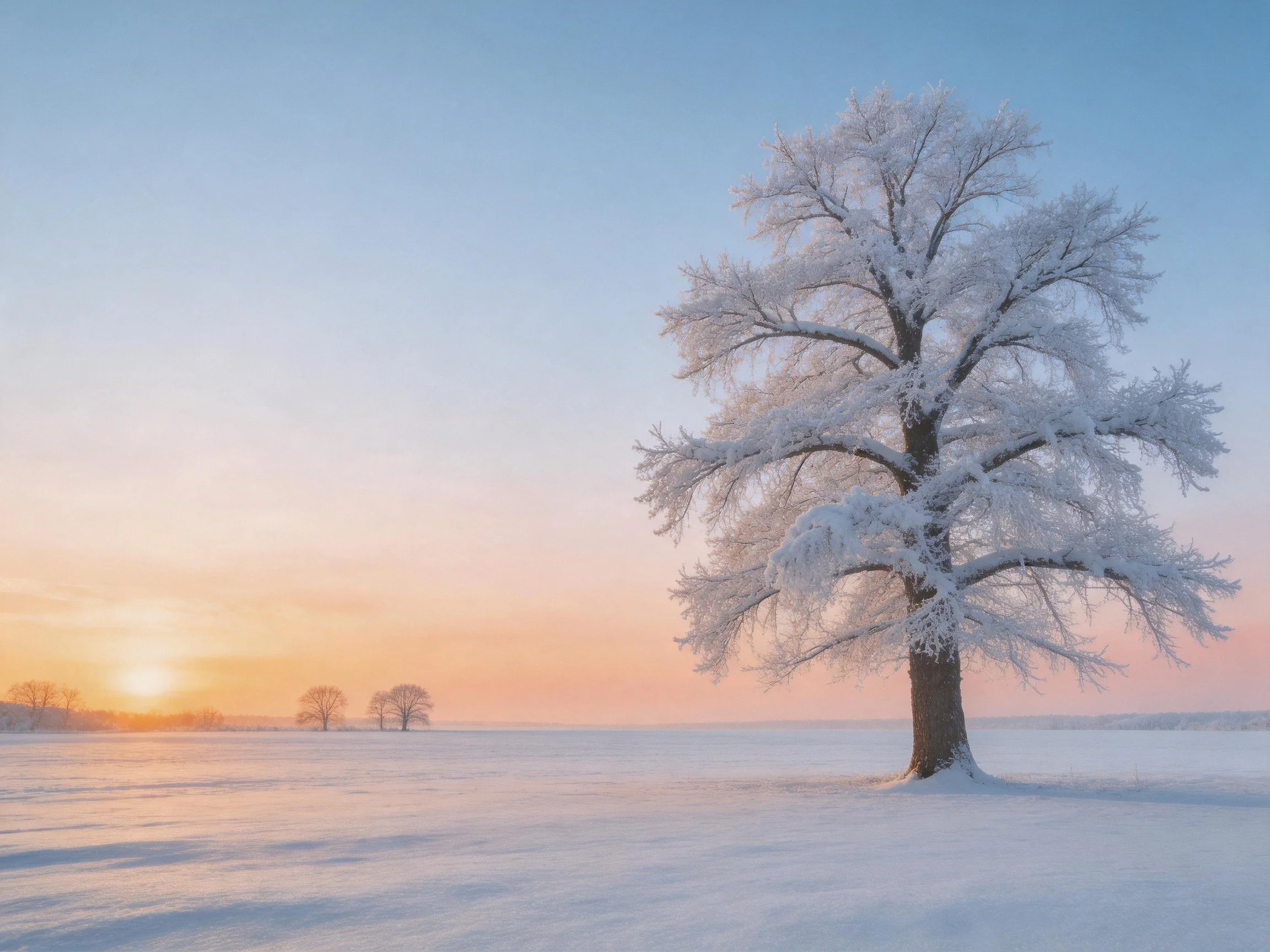 A frost-covered tree stands in a vast snowy field at dawn