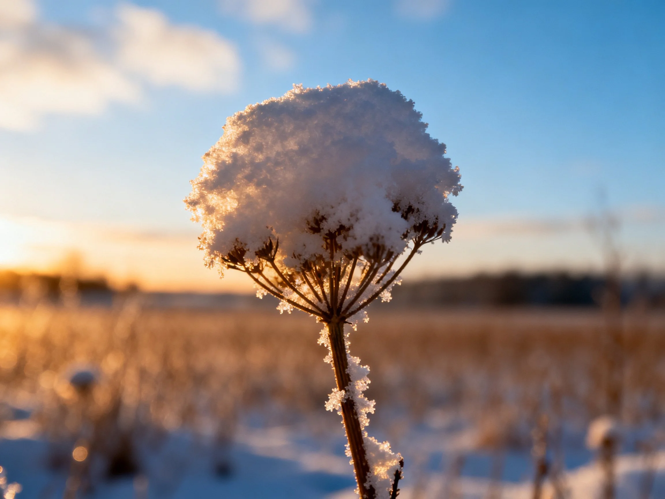 A frost-covered wildflower against a golden winter sunset