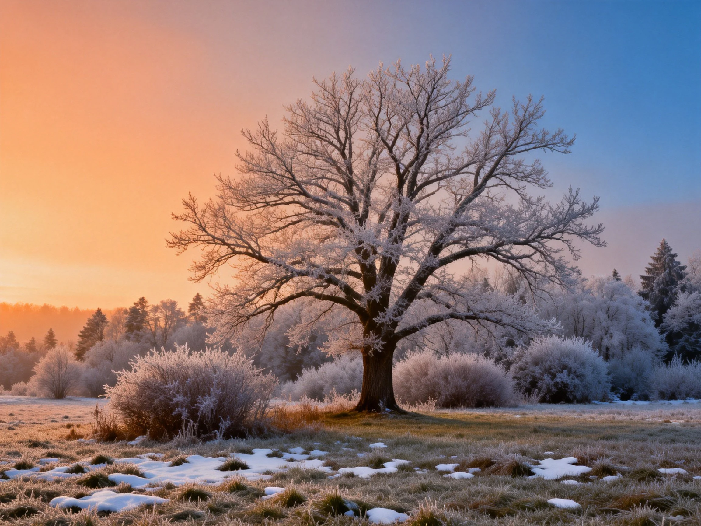A frost-laden oak stands in a snow-dotted meadow under a gradient sky