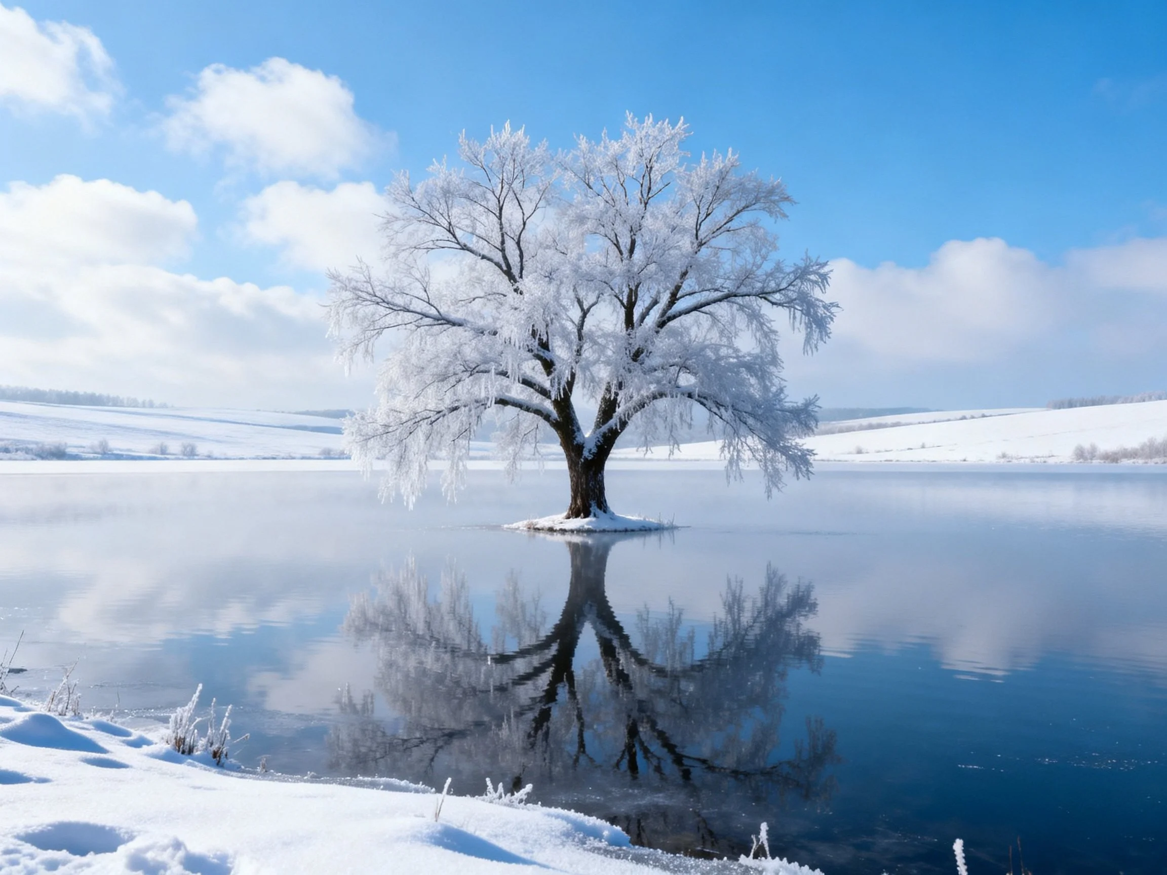 A frost-laden tree stands on a reflective icy lake