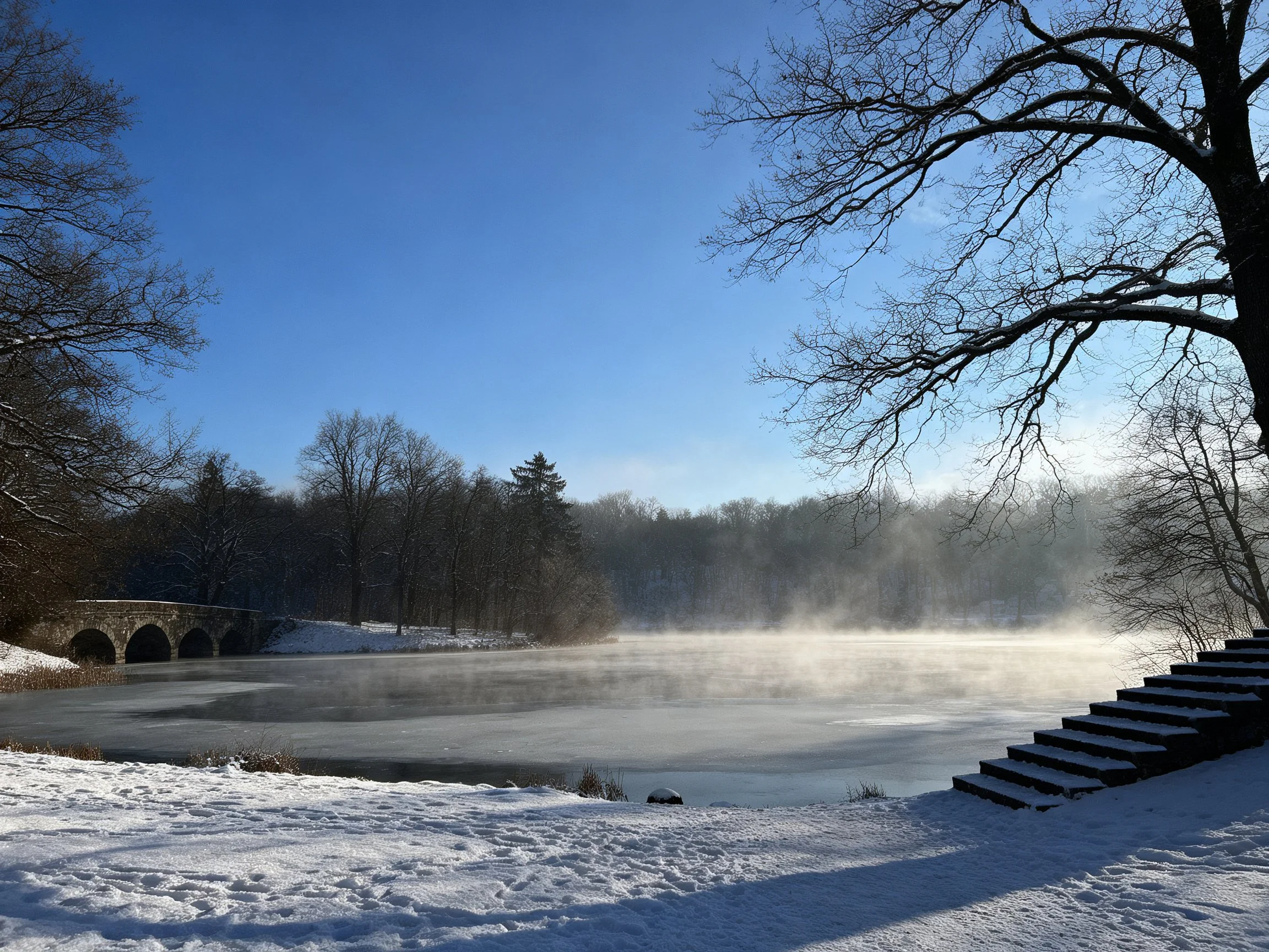 A frozen lake with misty air, stone arch bridge, and snow-covered ground