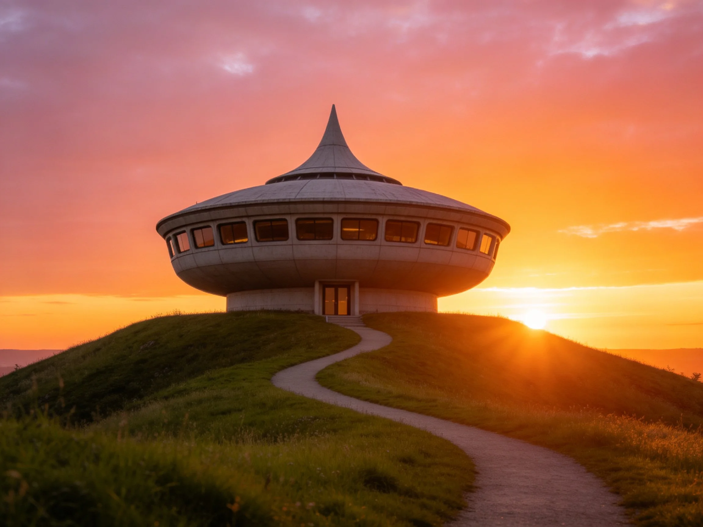 A futuristic circular building atop a grassy hill at sunset