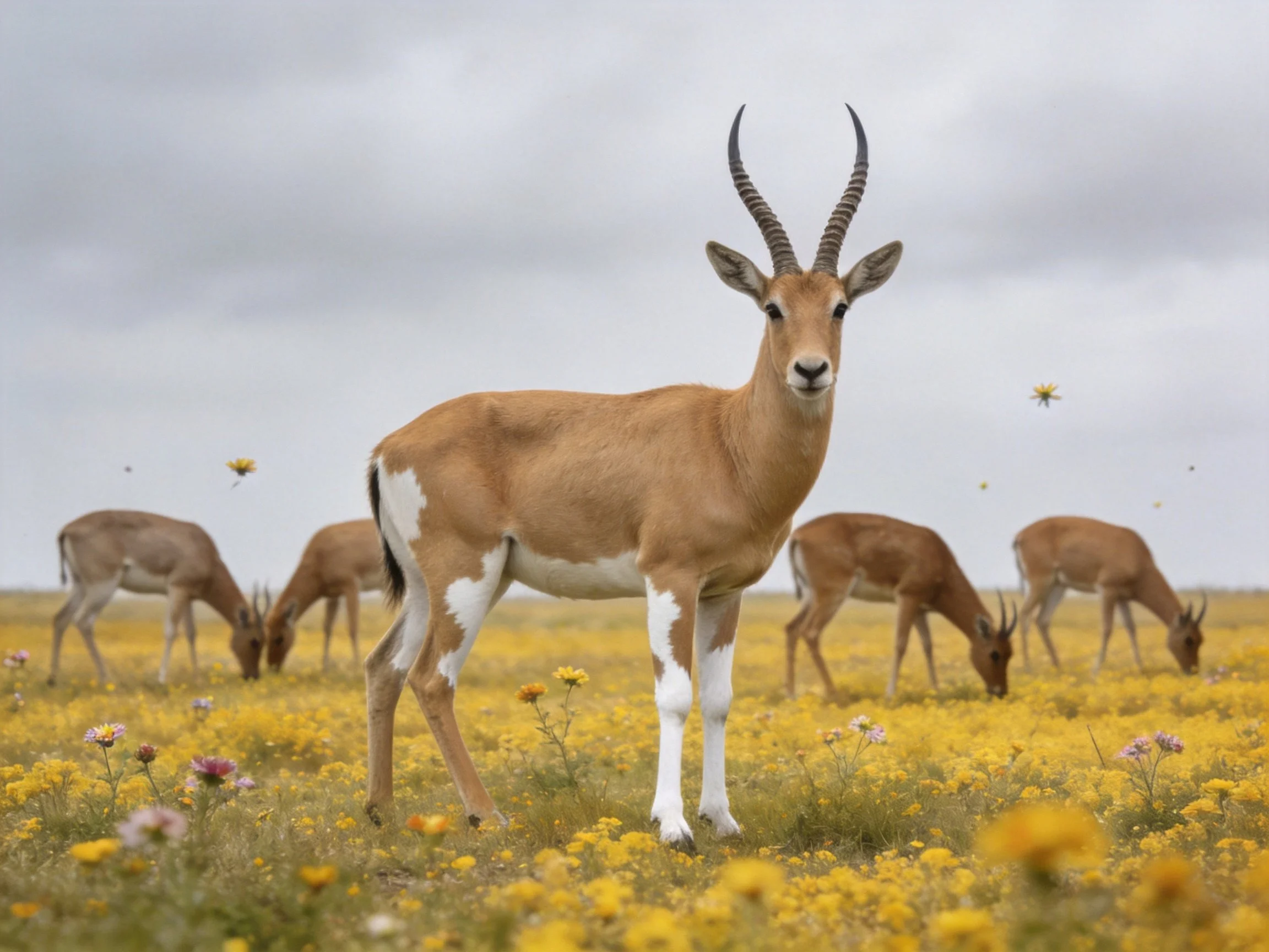 A gazelle stands in a field of yellow wildflowers with grazing companions