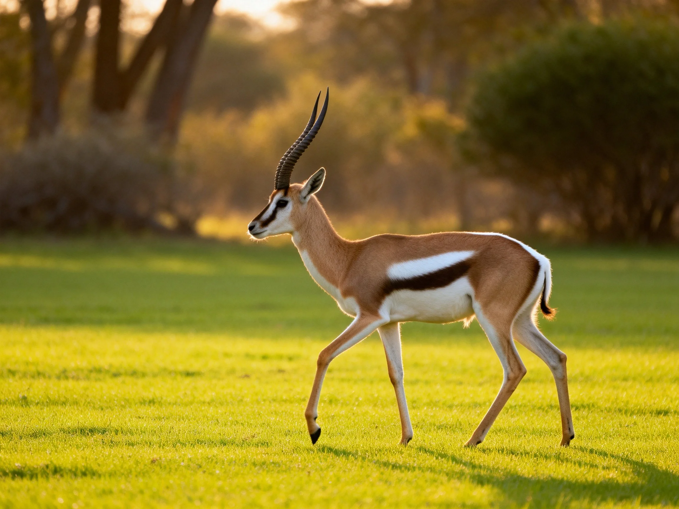 A gazelle with long curved horns walks across sunlit green grass near trees