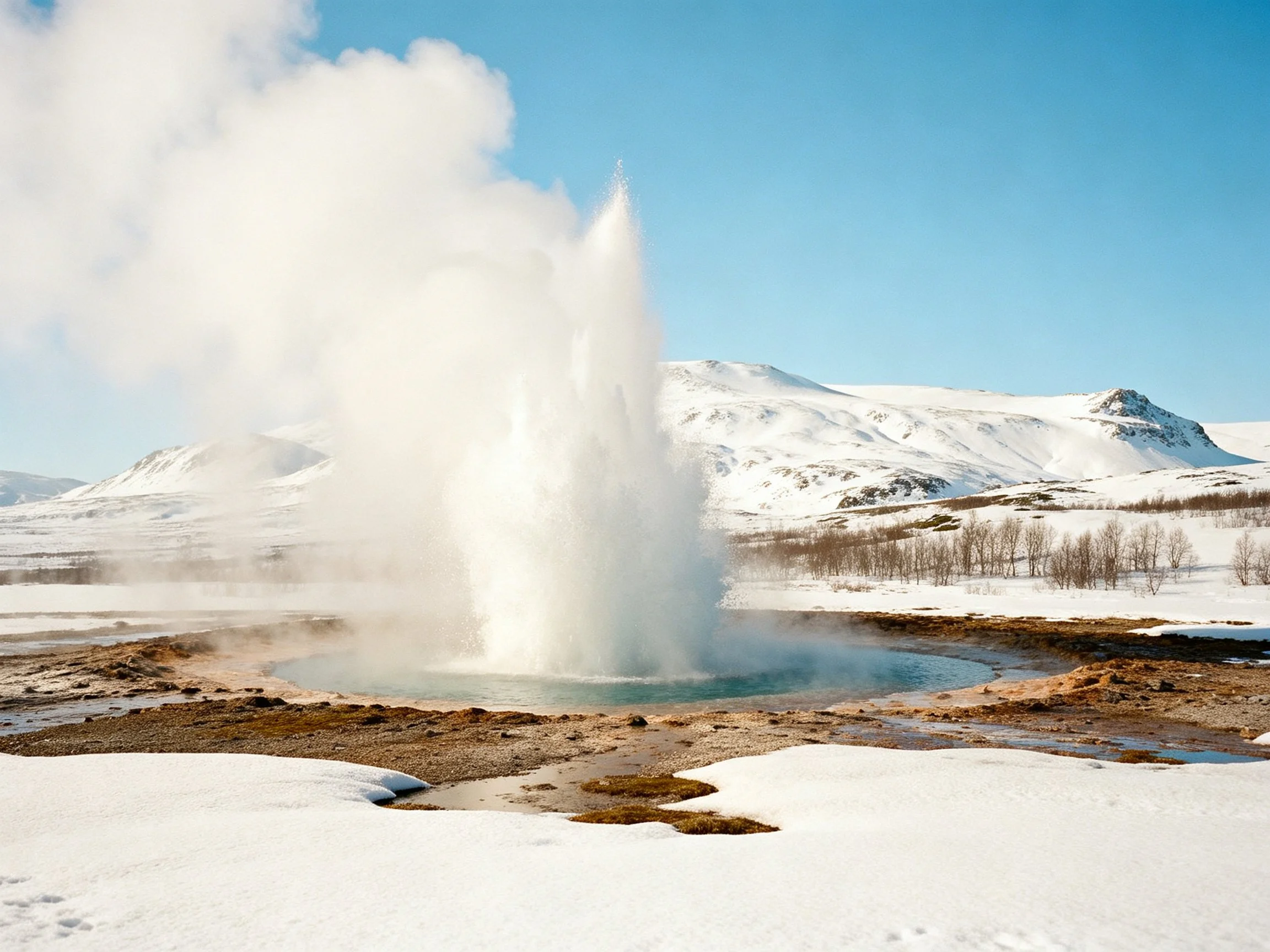 A geothermal geyser erupts amid snow - covered mountains