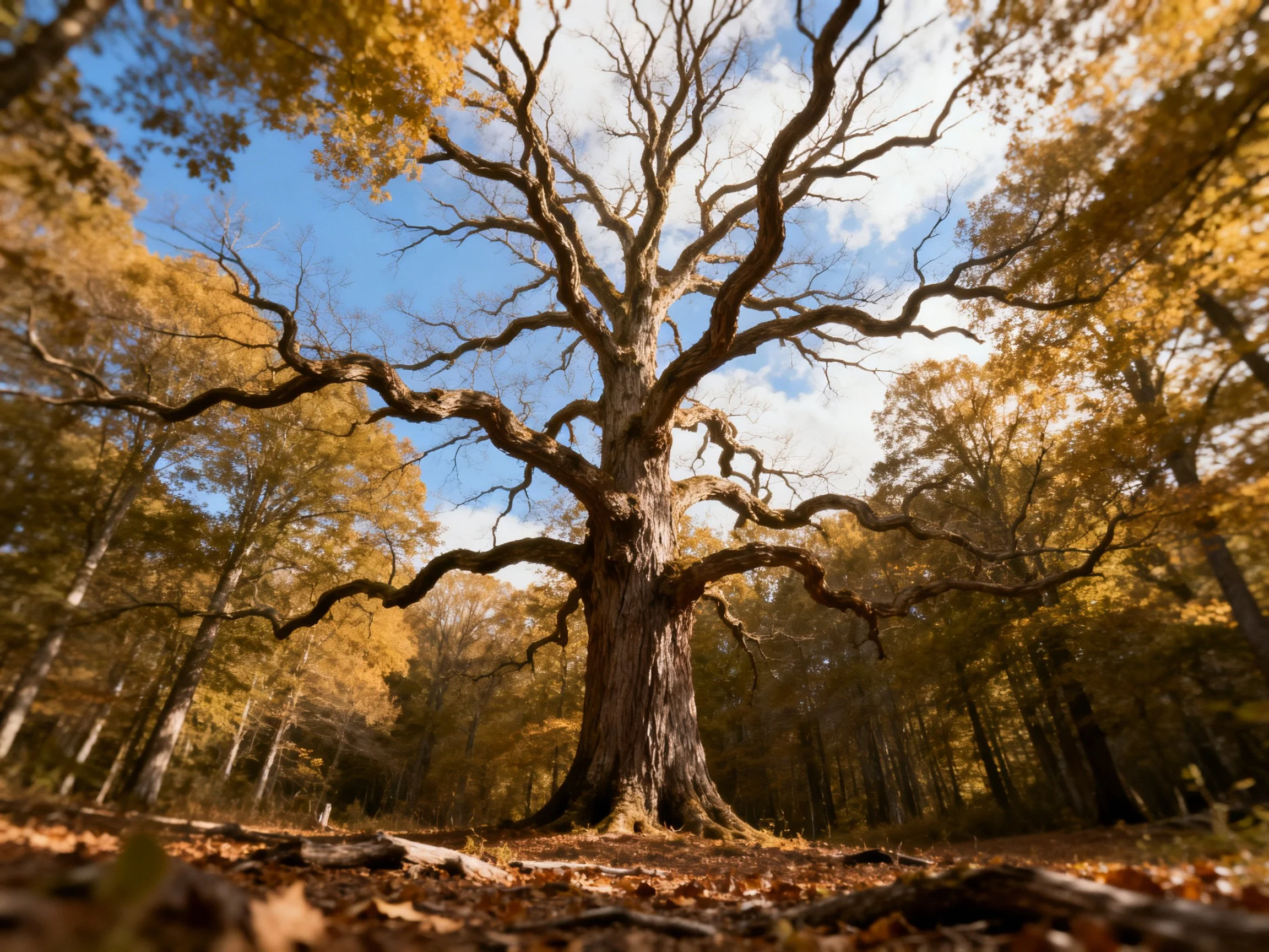 A giant ancient oak stands in golden autumn woods