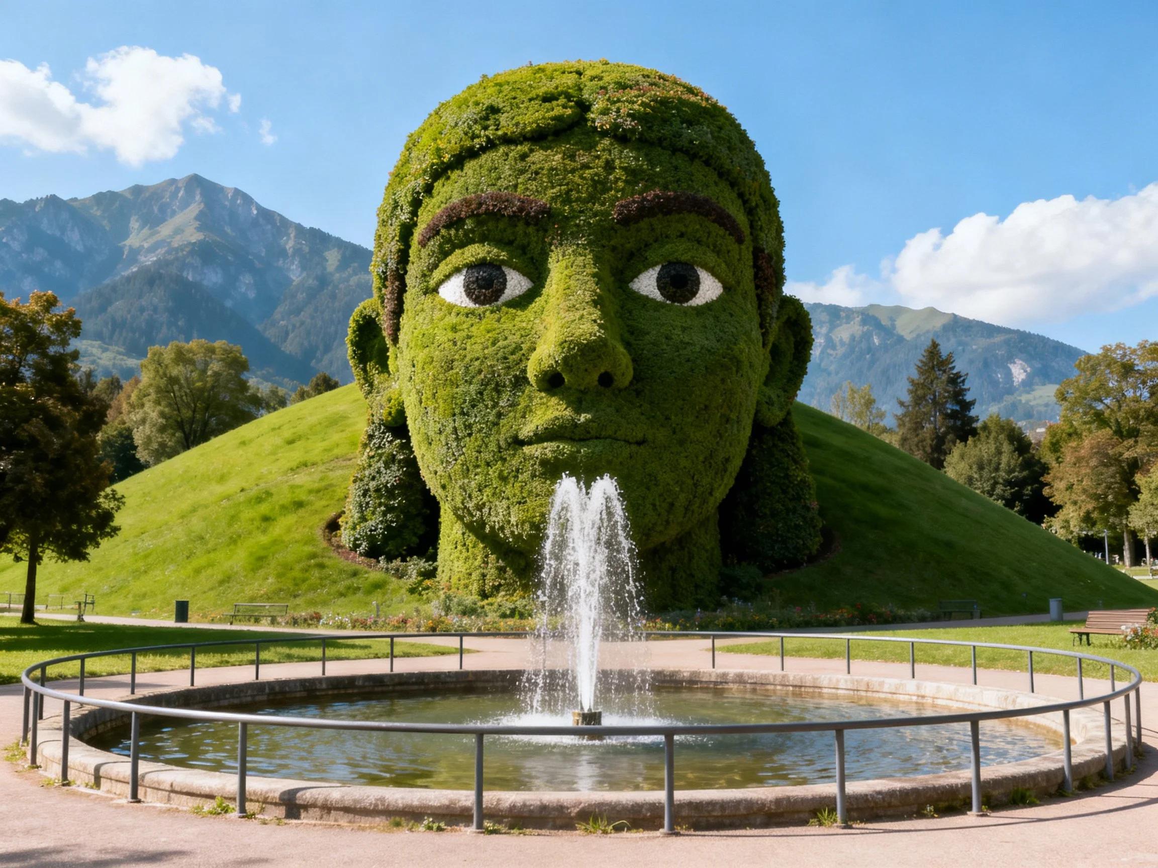 A giant green topiary head sculpture with a fountain and mountain backdrop