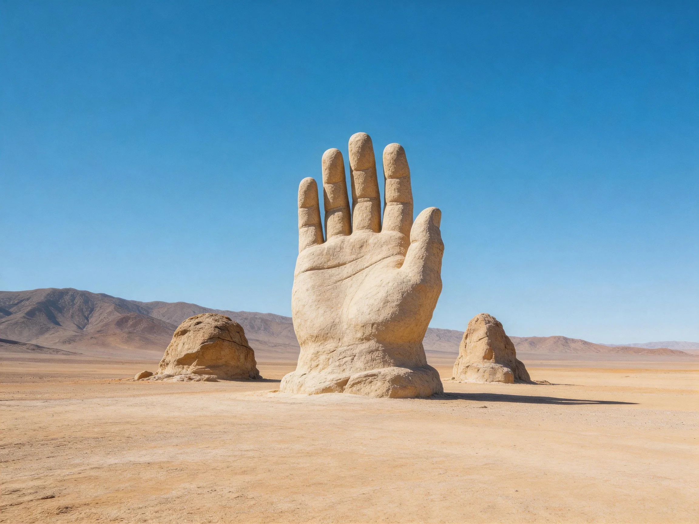 A giant stone hand sculpture in an arid desert landscape