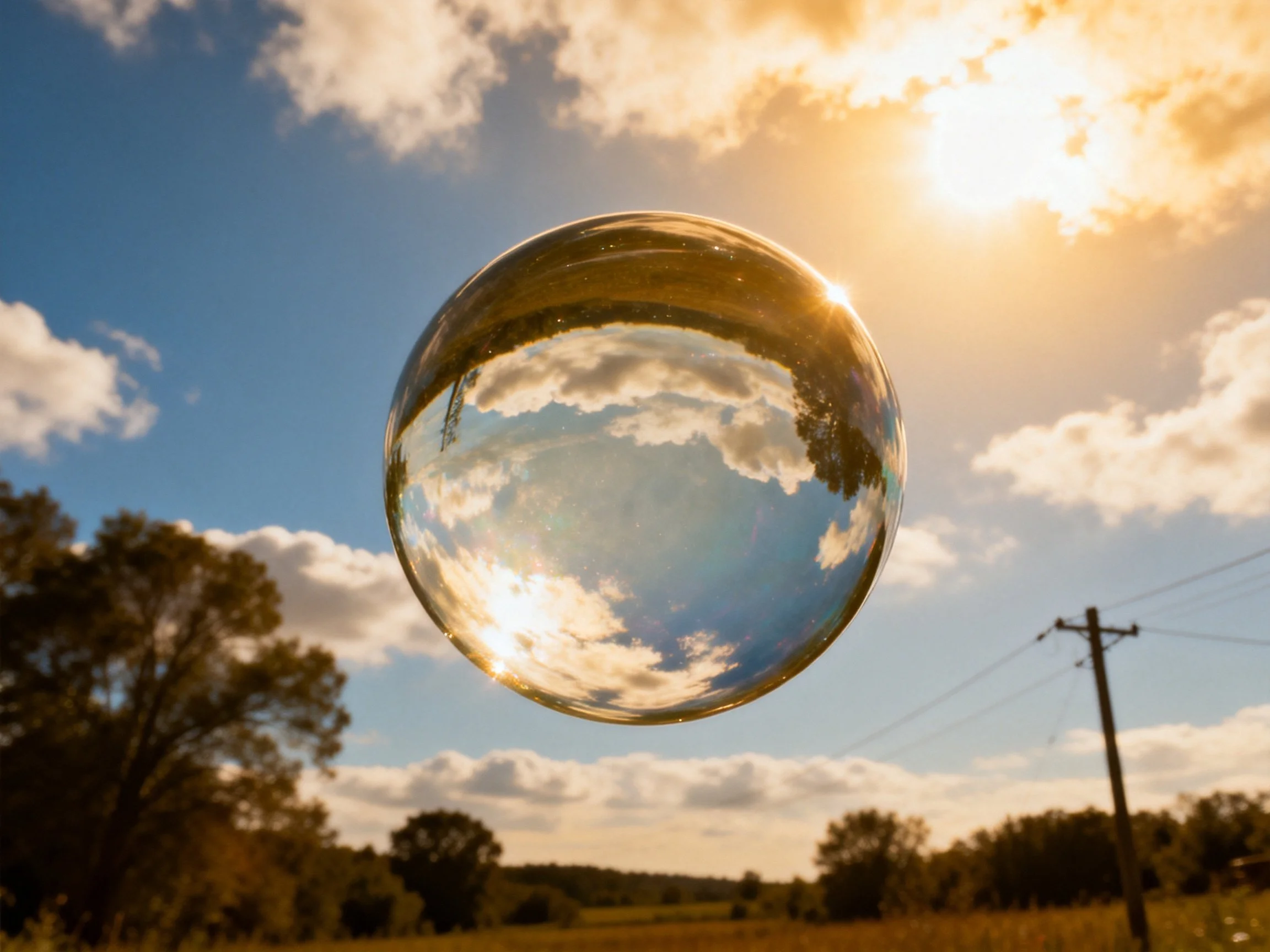 A giant transparent bubble reflects a golden-hued sky with clouds and trees