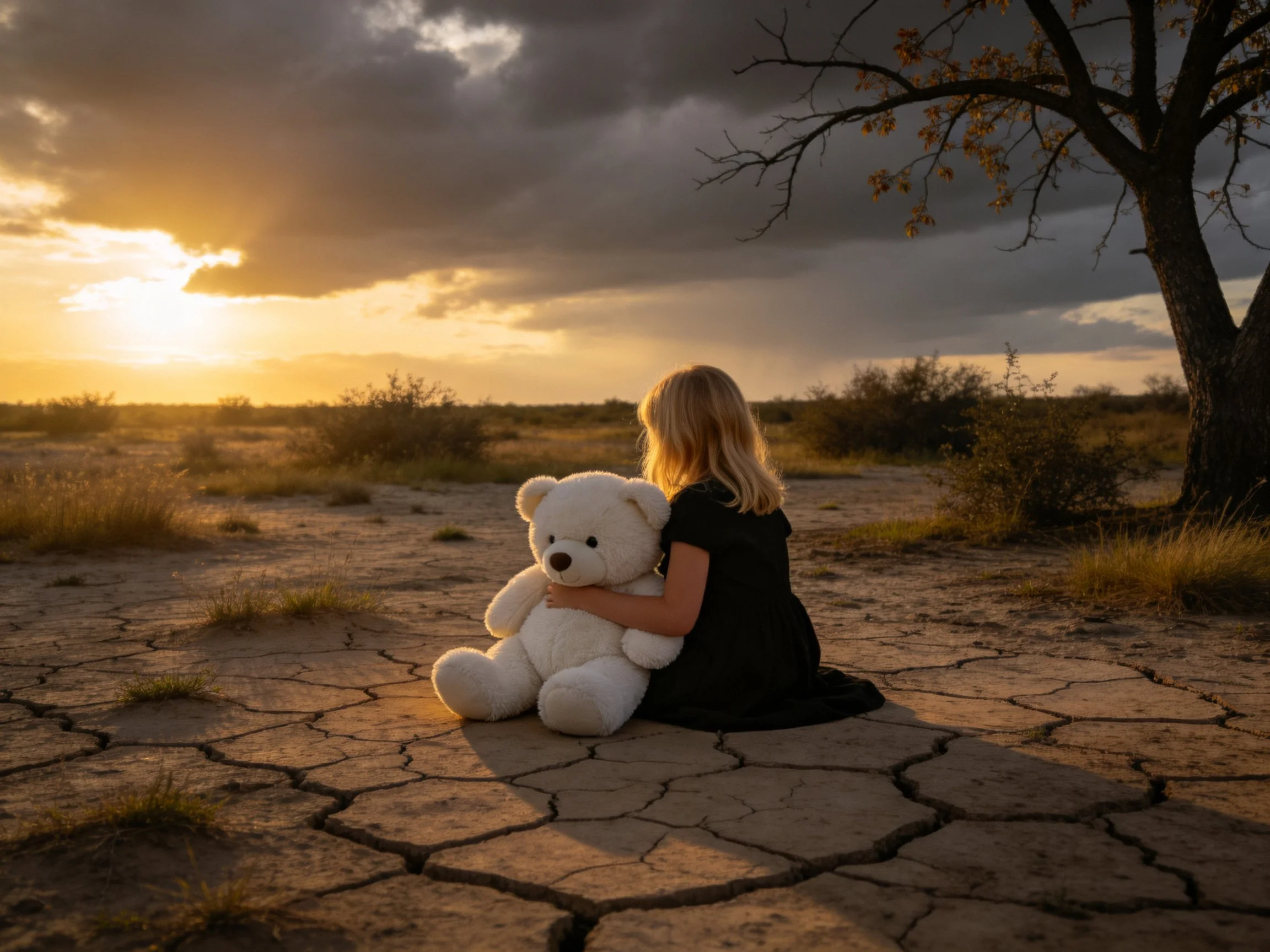 A girl in black holds a large white teddy bear on cracked earth at sunset