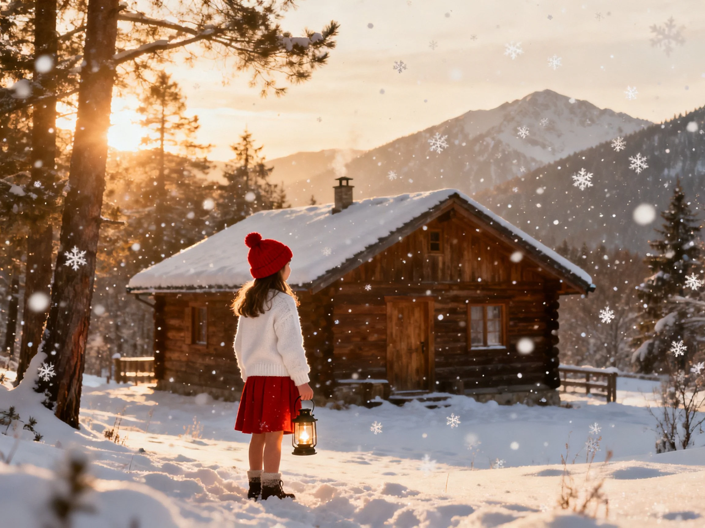 A girl in red and white near a snow - covered wooden cabin