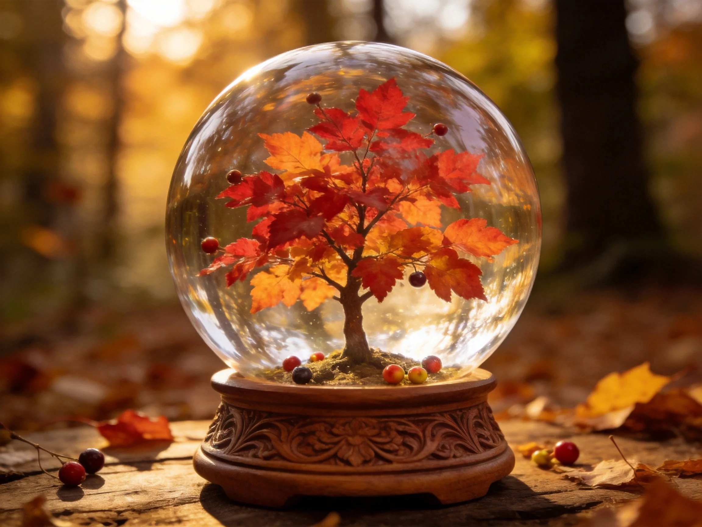 A glass sphere containing a miniature autumn tree with red and orange leaves