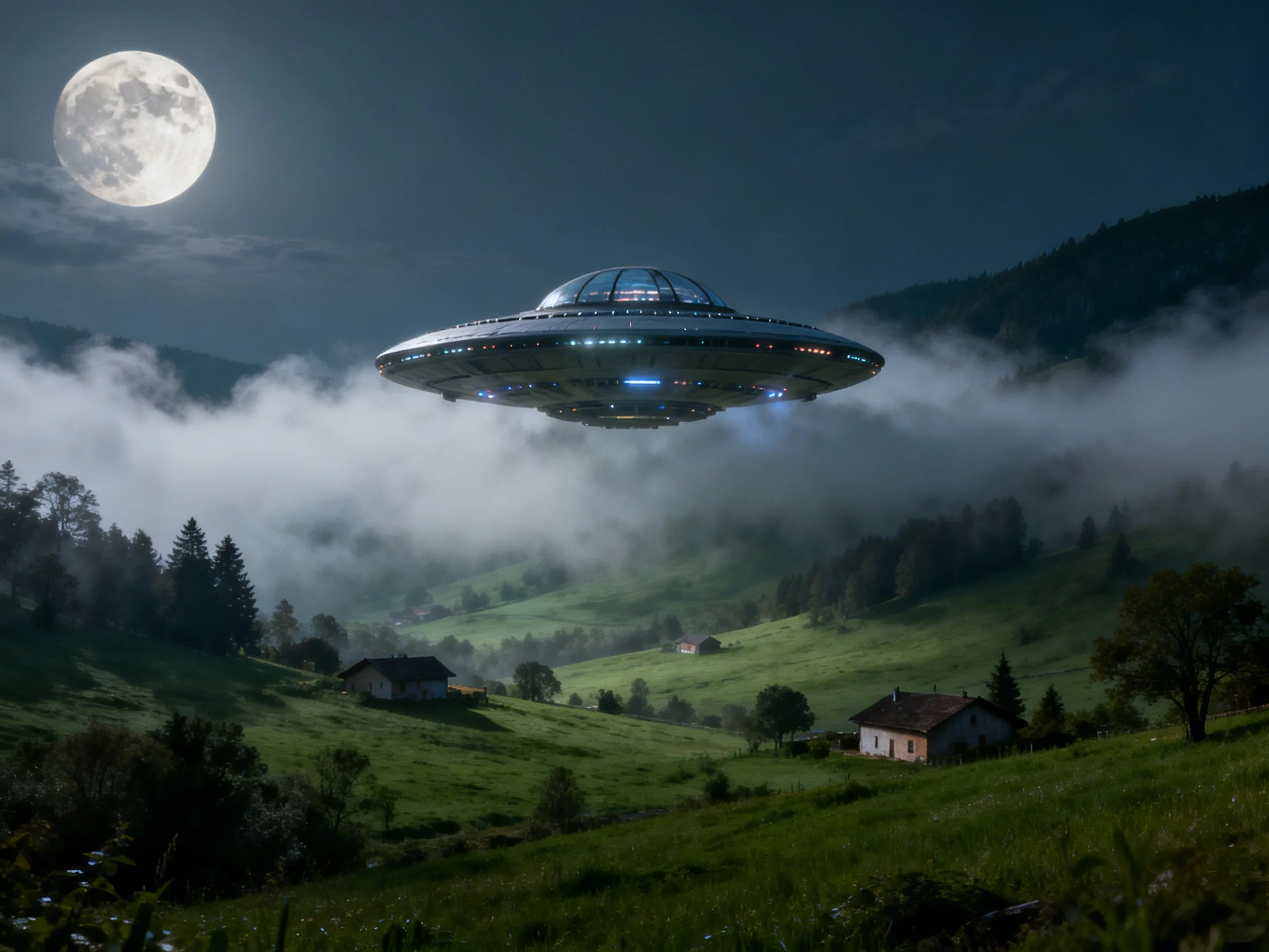 A glowing UFO hovers over misty green hills under a full moon