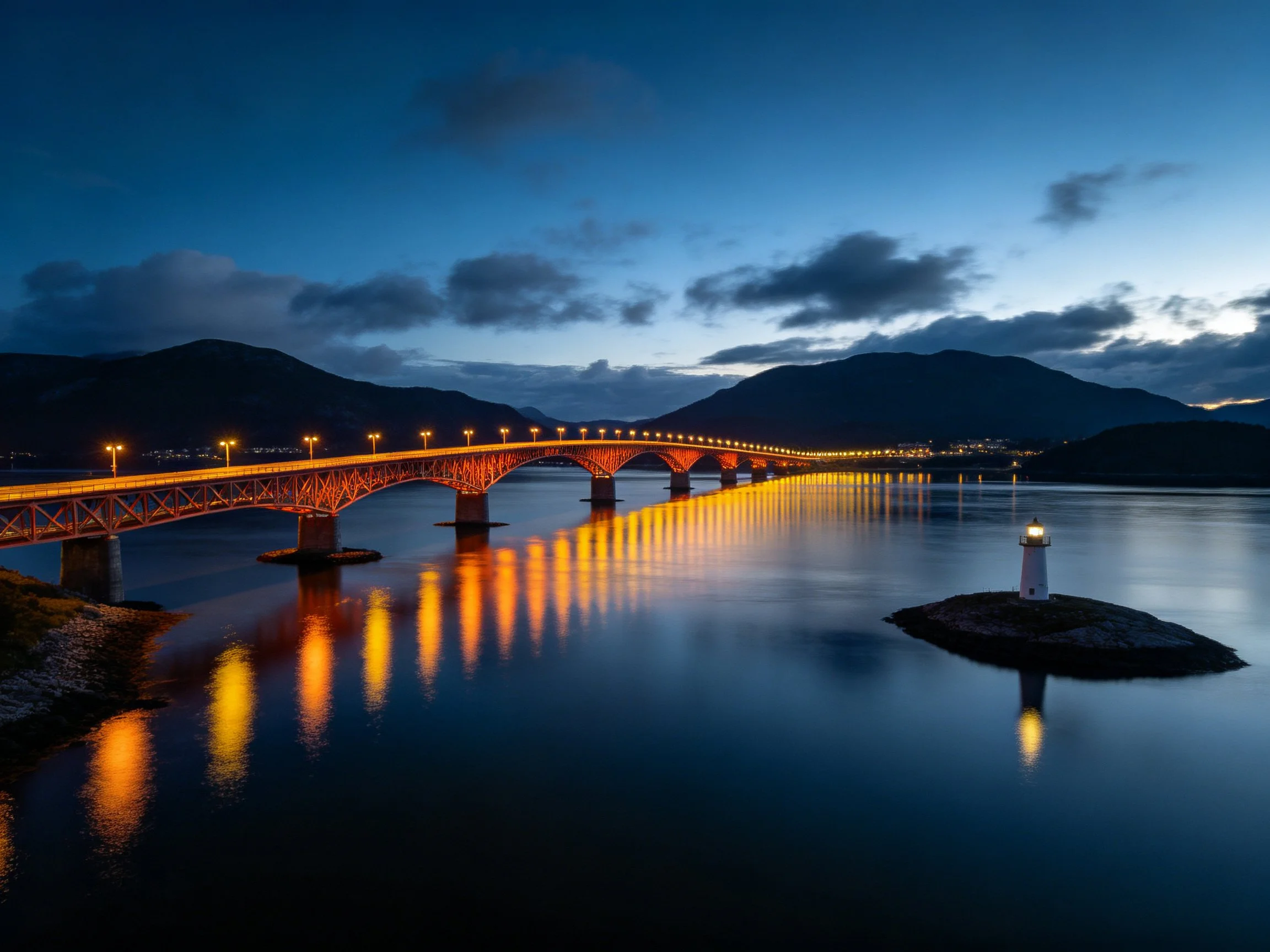 A glowing bridge spans calm water near a lighthouse at dusk