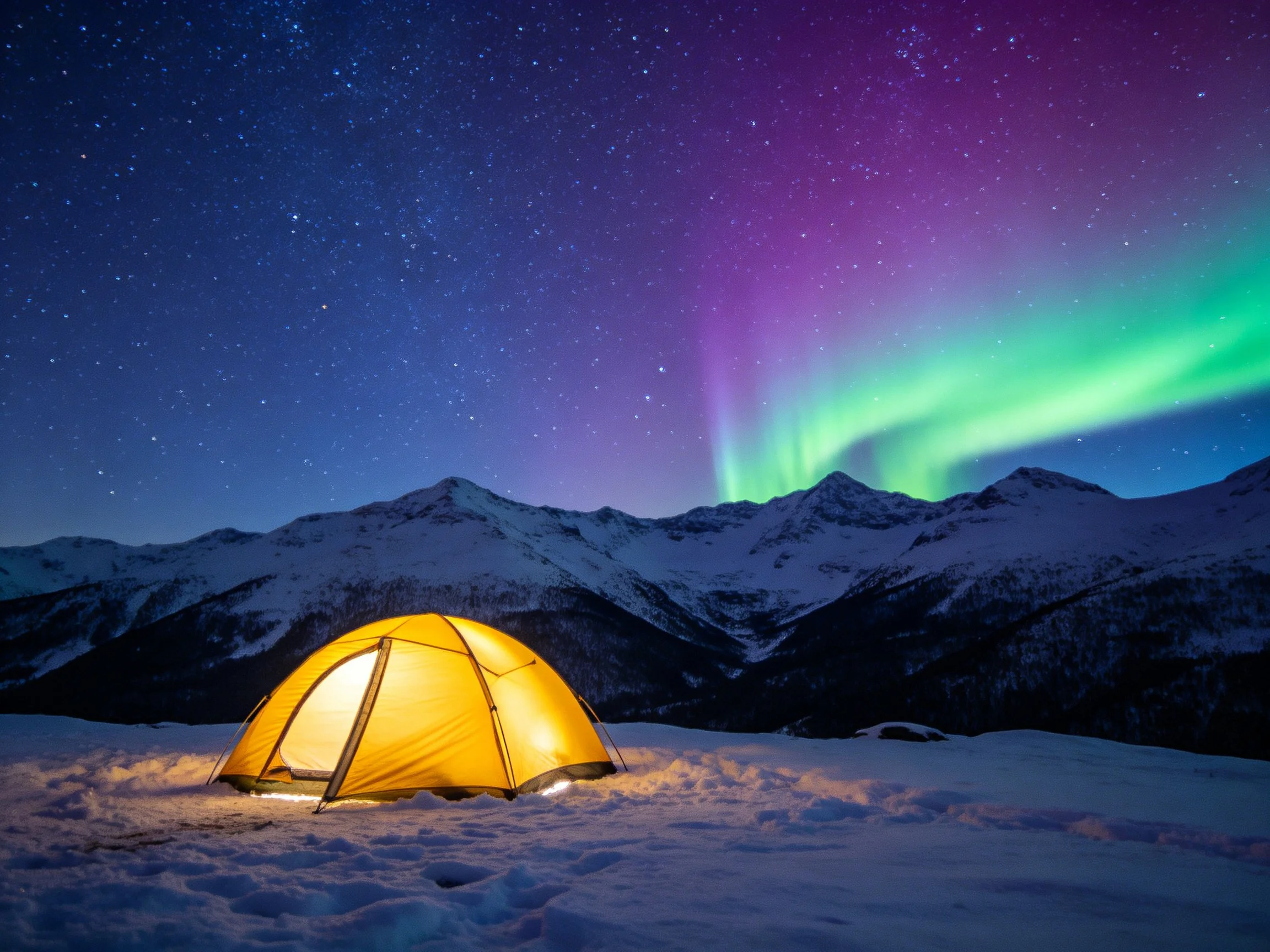 A glowing tent beneath vibrant northern lights over snow-capped peaks