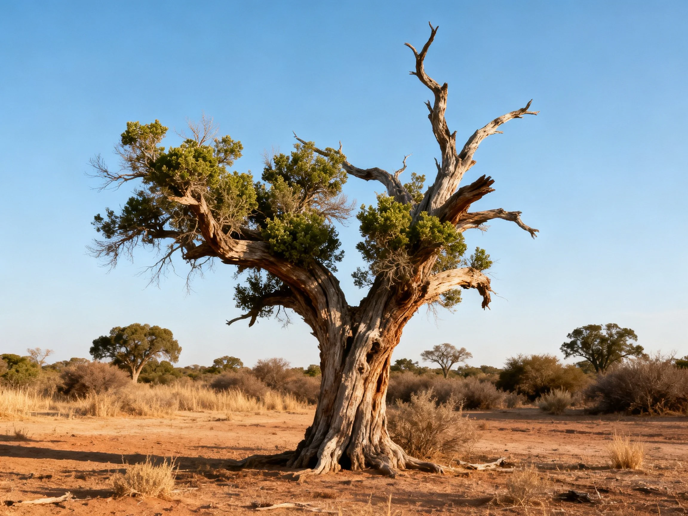 A gnarled ancient tree stands alone in a dry savannah landscape