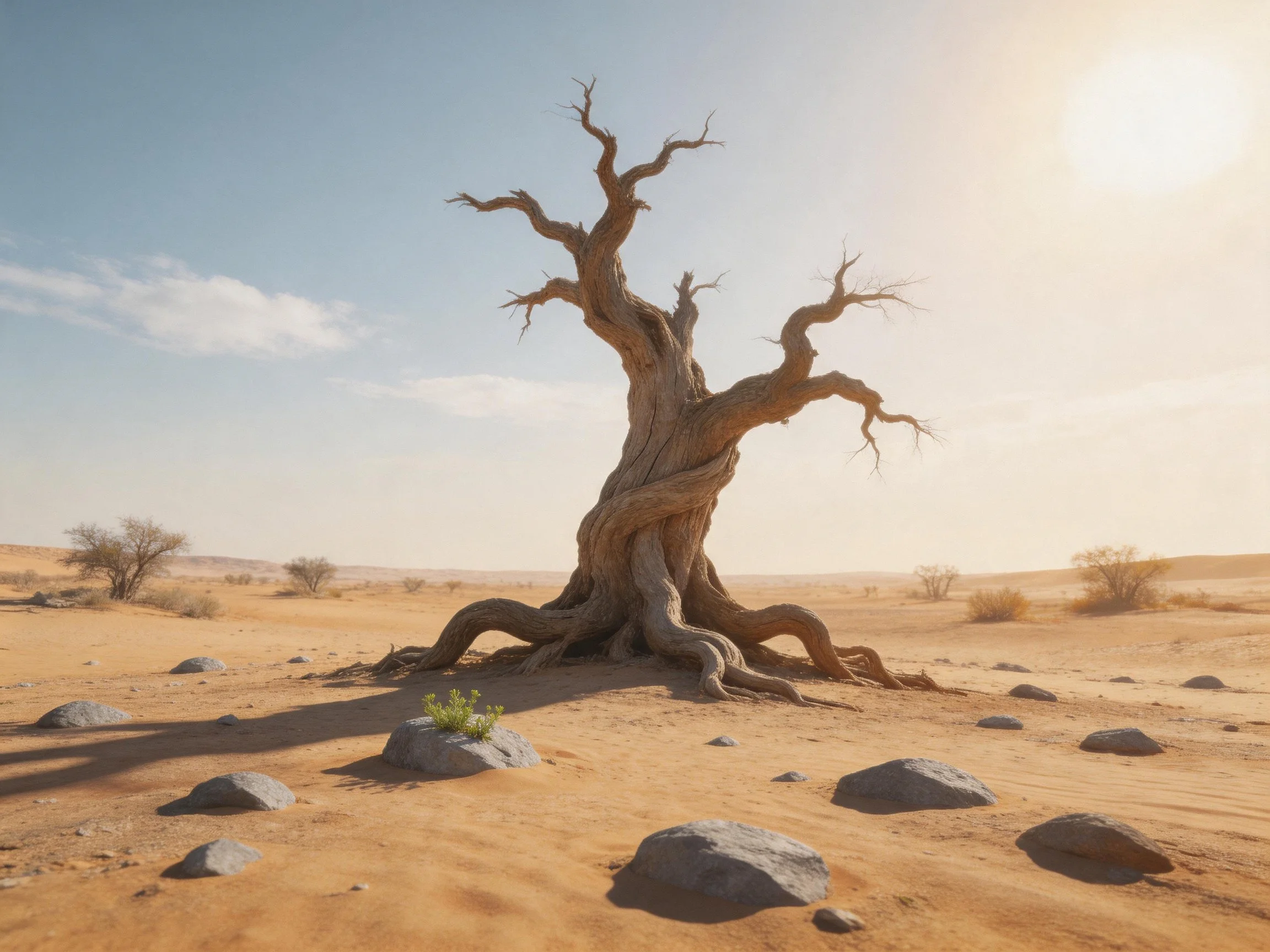 A gnarled ancient tree stands alone in a vast sandy desert