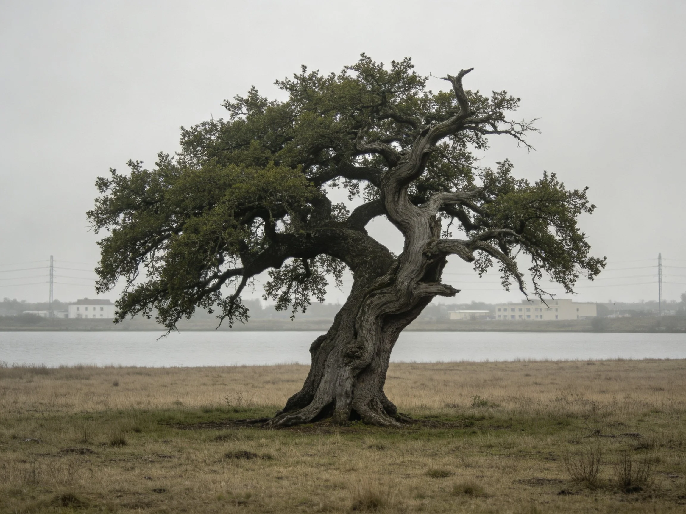 A gnarled ancient tree stands alone near a calm body of water