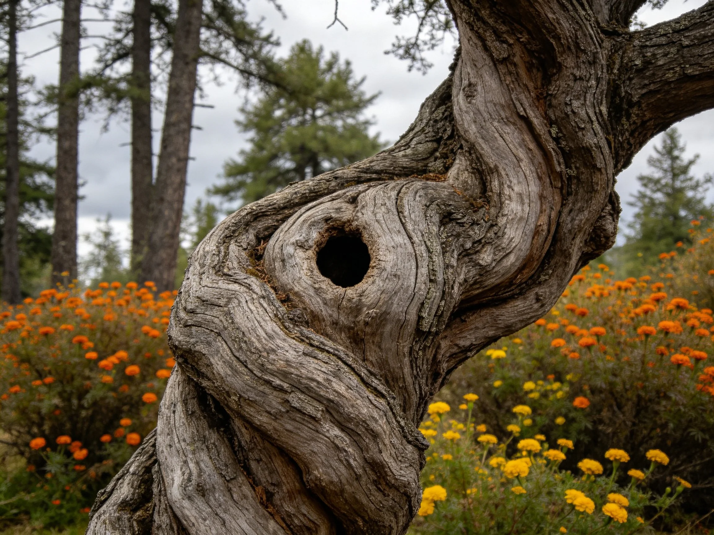 A gnarled ancient tree trunk with vibrant orange and yellow flowers