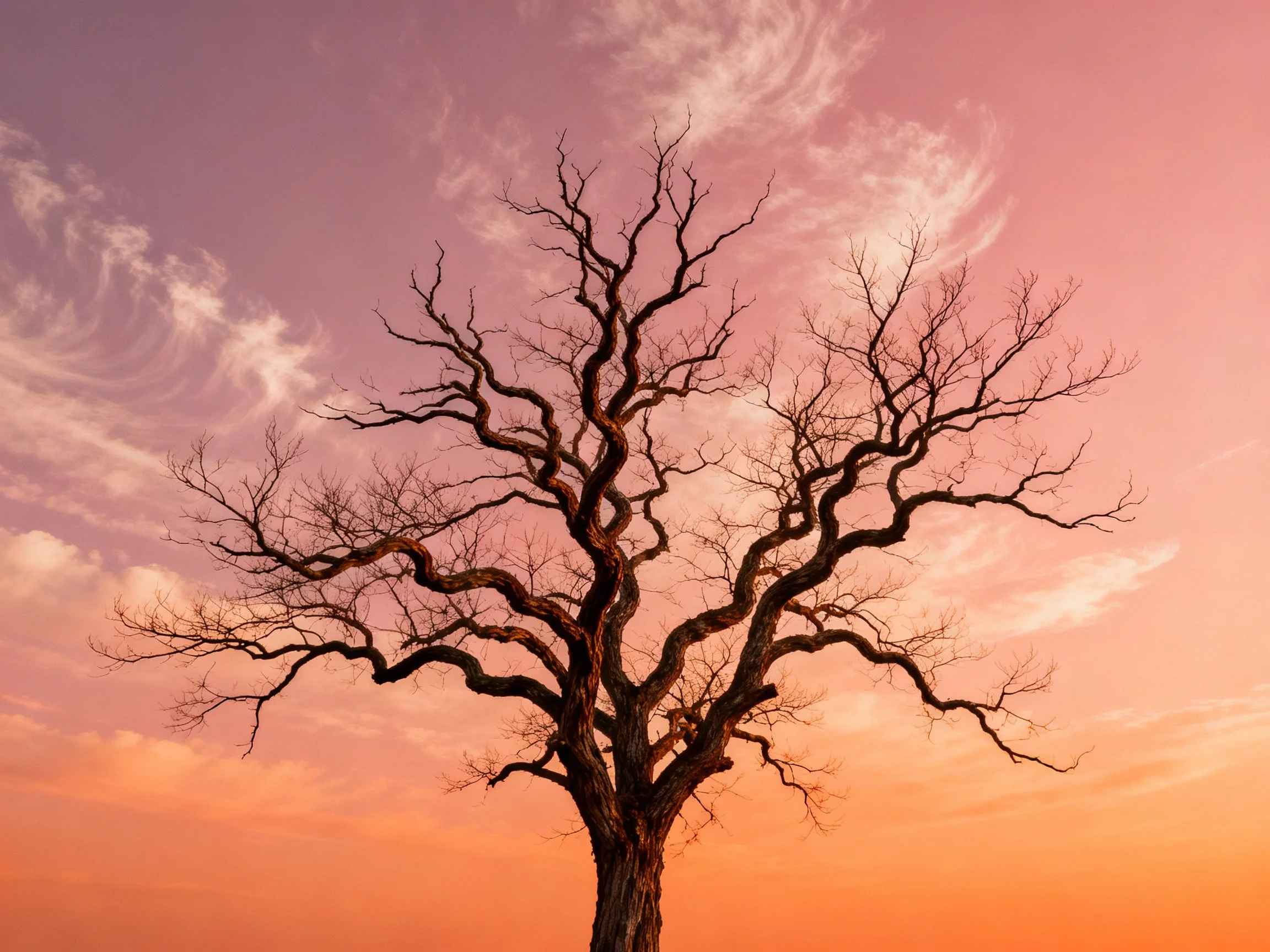 A gnarled bare tree stands against a pink-orange twilight sky.