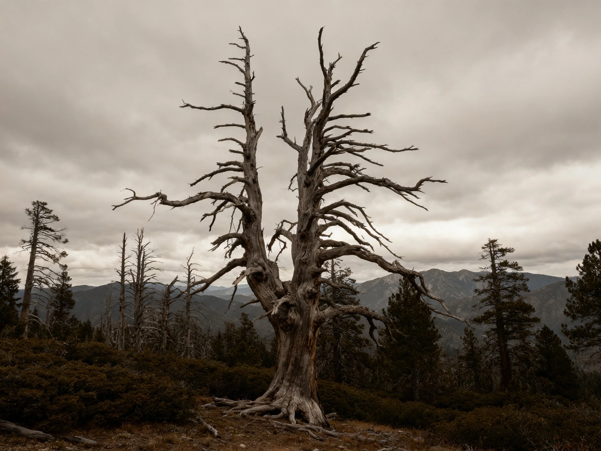 A gnarled dead tree in a mountainous forest setting