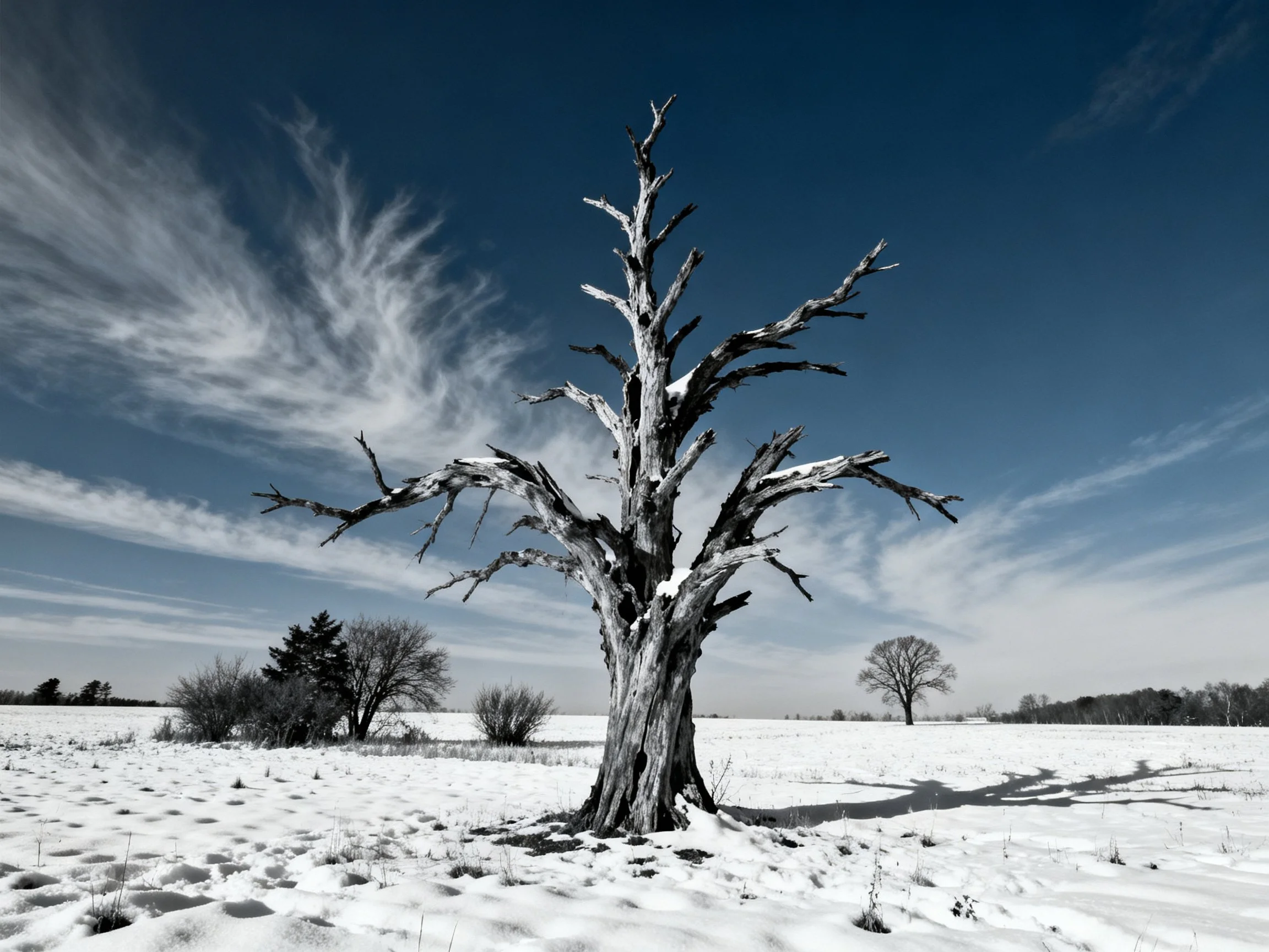 A gnarled dead tree stands in a snow - covered field under a deep blue sky