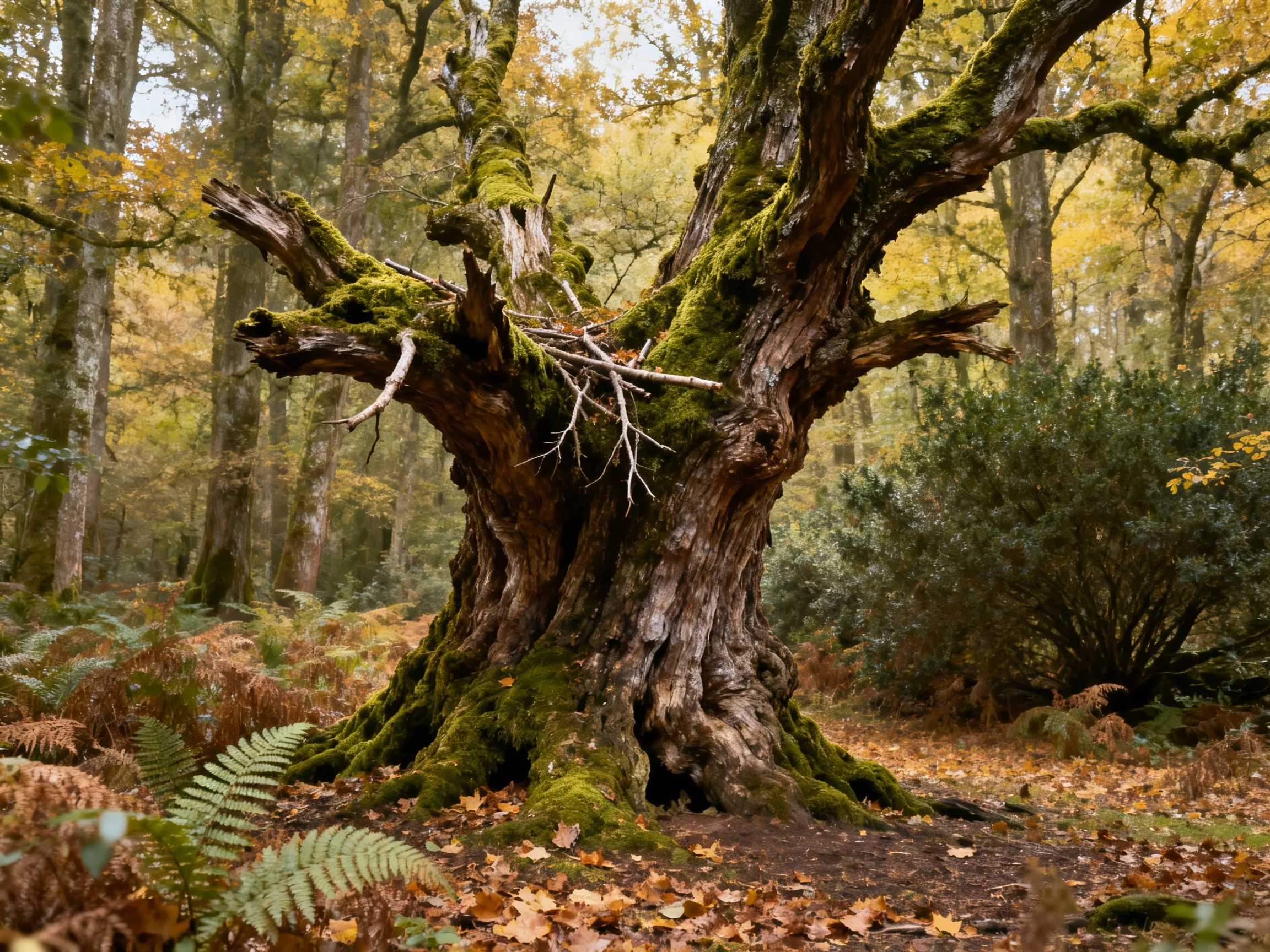 A gnarled, moss-covered tree stands in an autumn forest clearing.