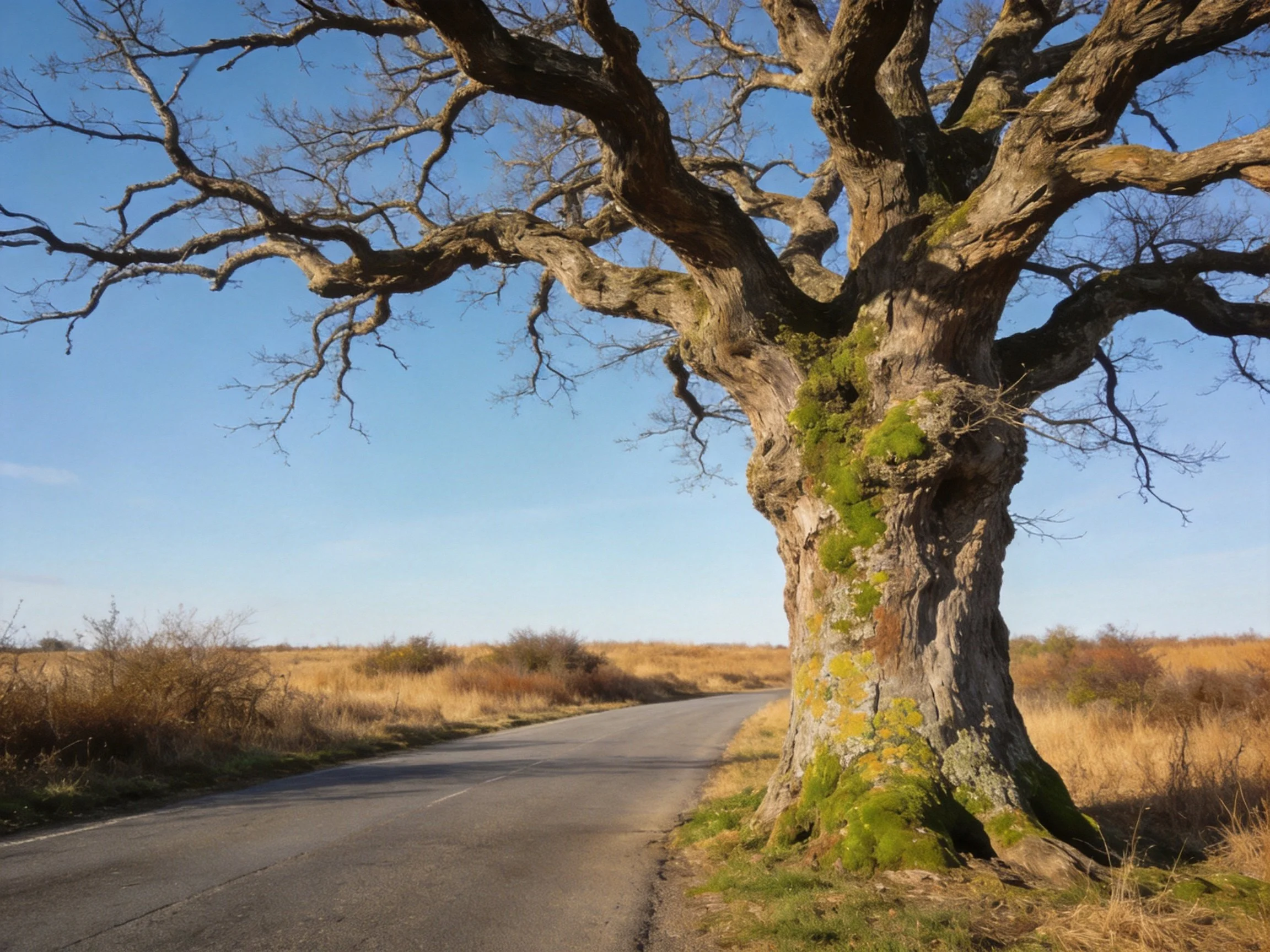 A gnarled oak tree beside a winding road under bright blue sky