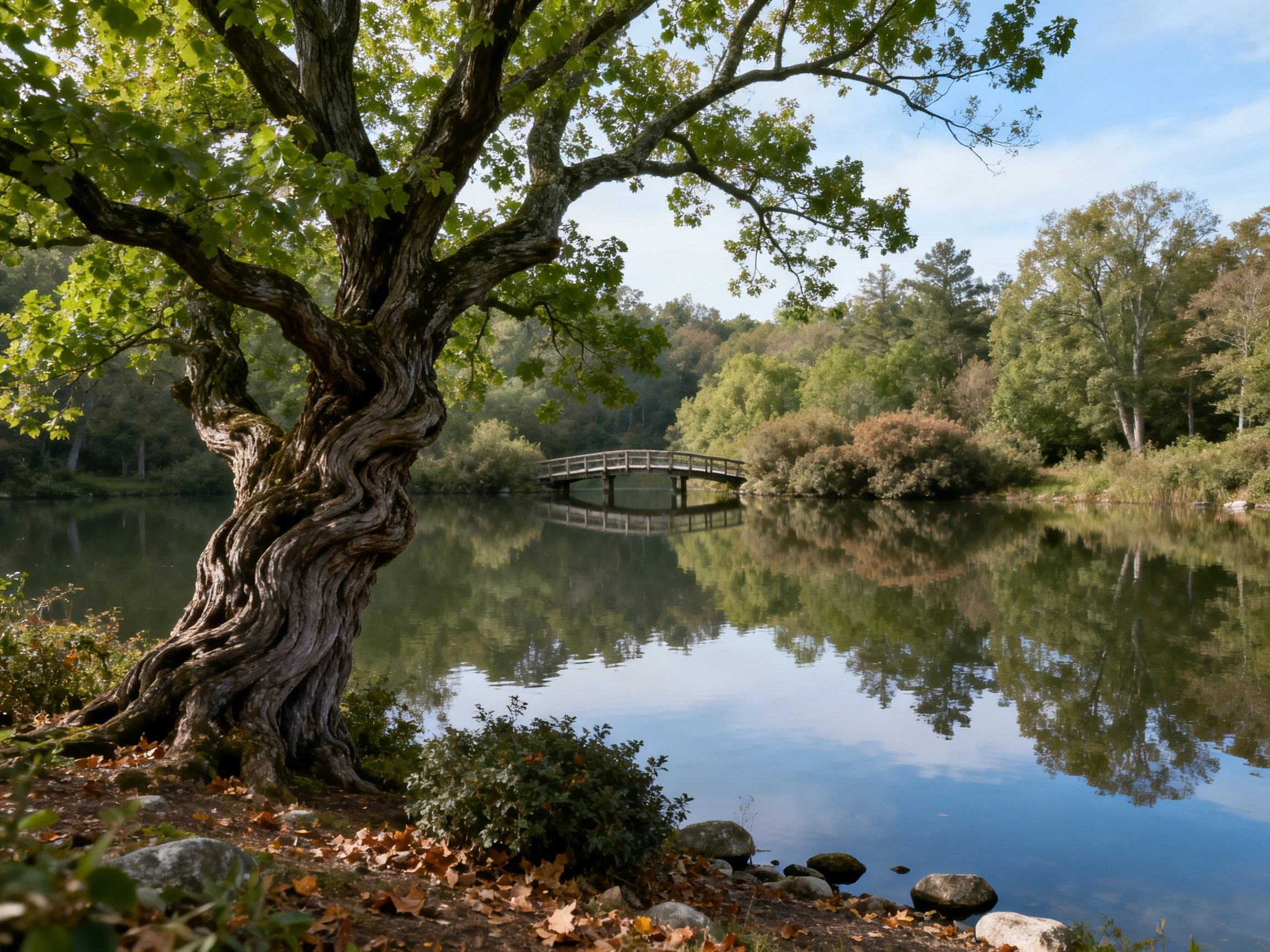 A gnarled tree by a serene lake with a wooden bridge