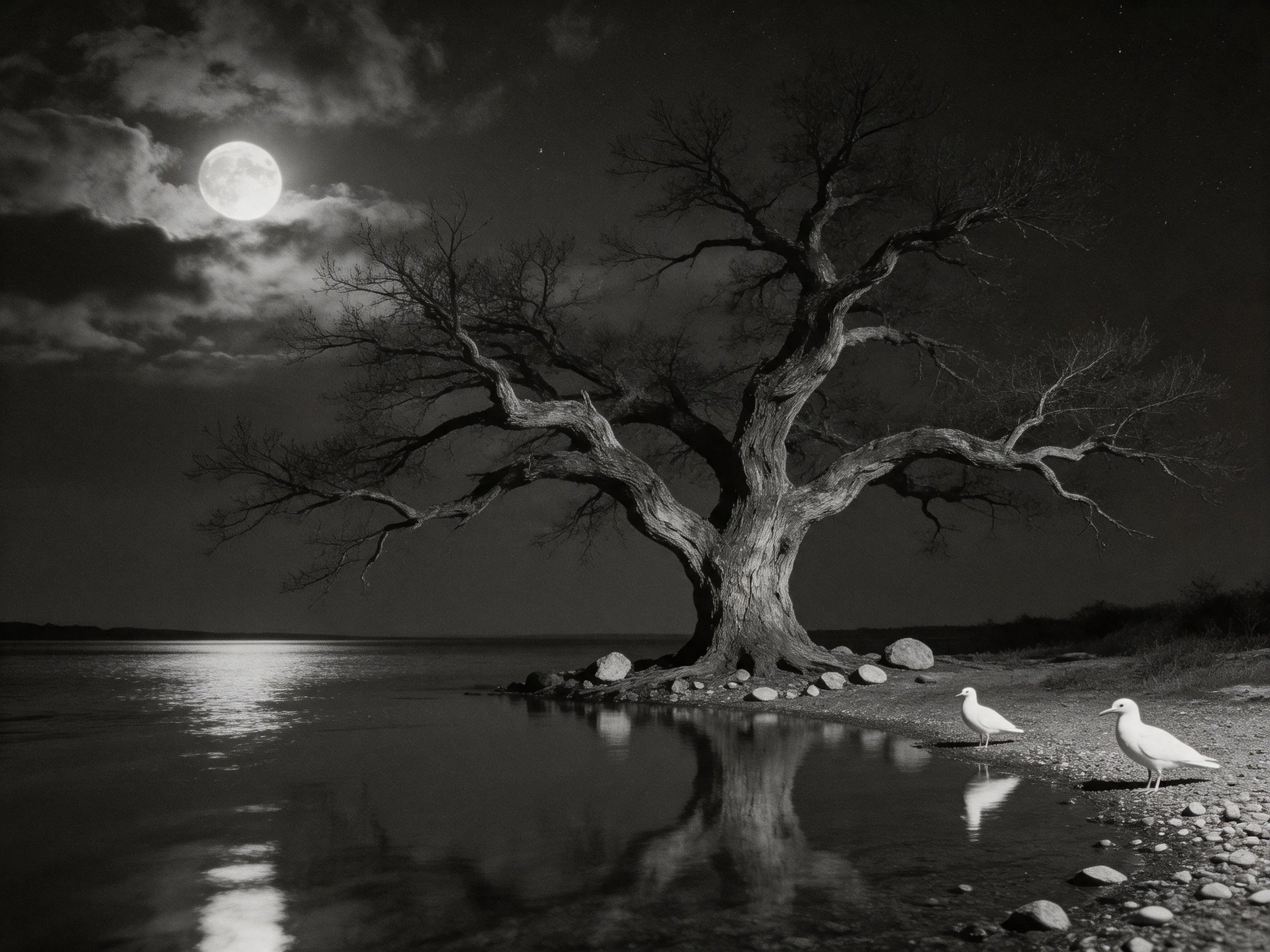 A gnarled tree by calm water under a bright moon