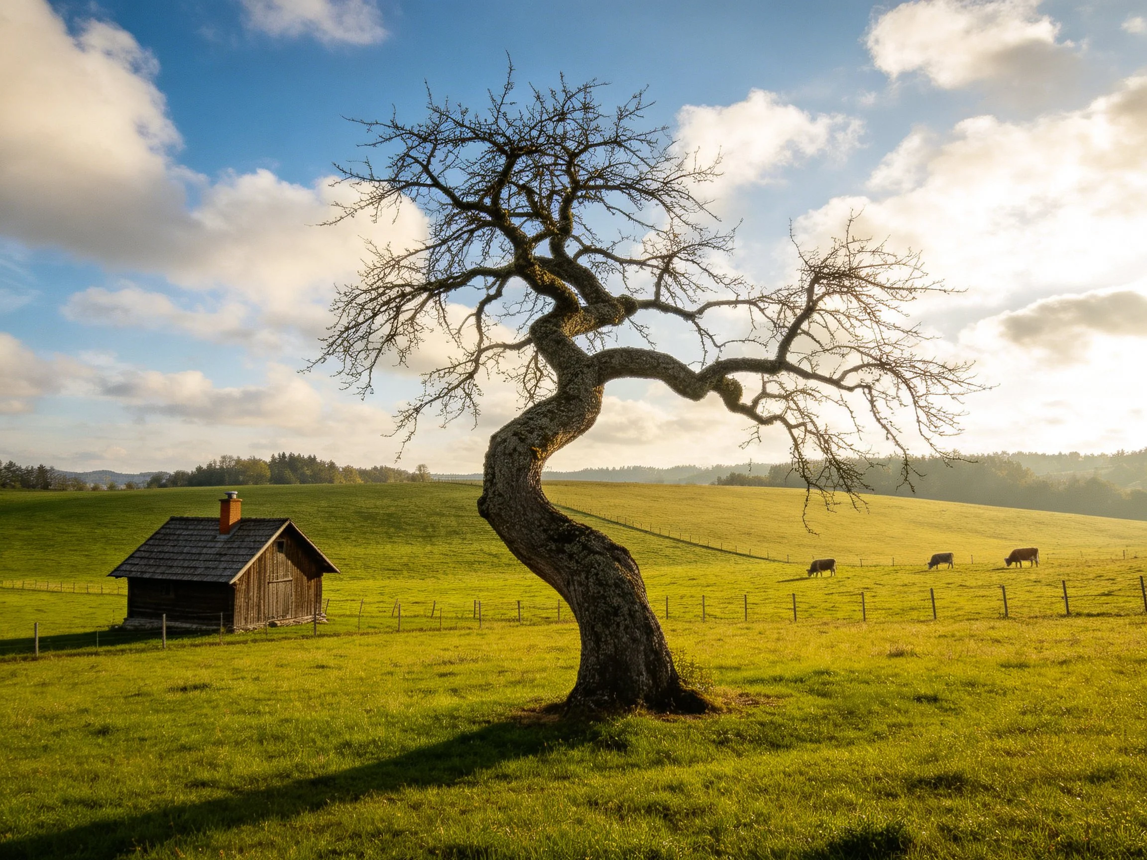 A gnarled tree stands beside a rustic cabin in a sunlit meadow