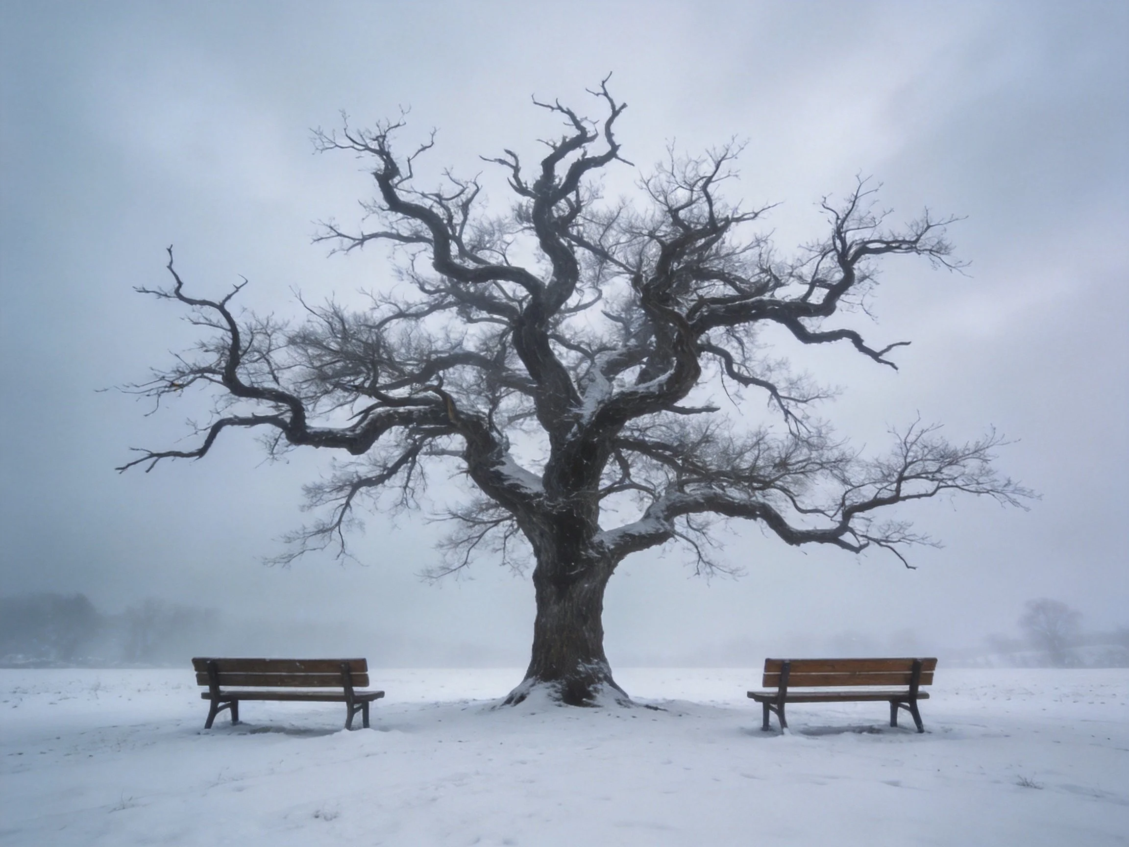 A gnarled tree stands between two wooden benches in a snowy landscape