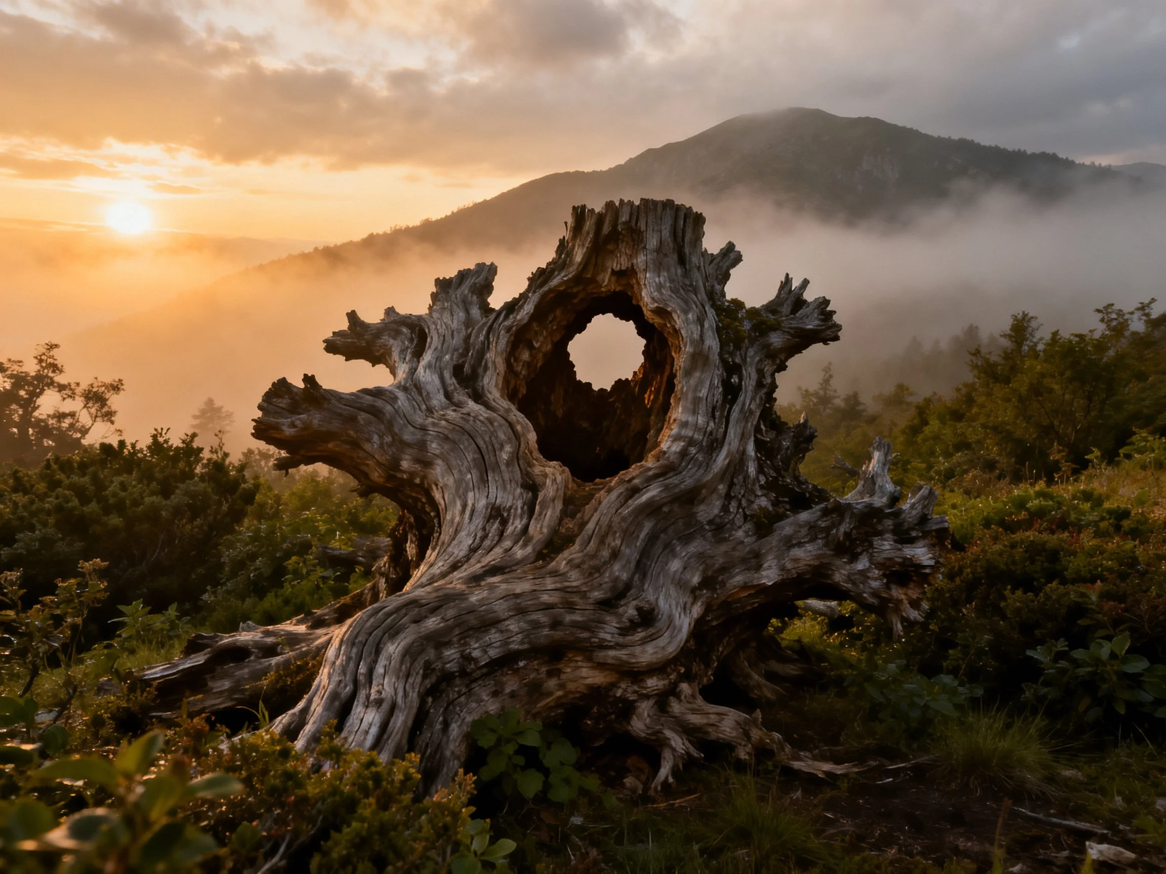 A gnarled tree stump amid lush greenery with misty mountain backdrop at sunrise