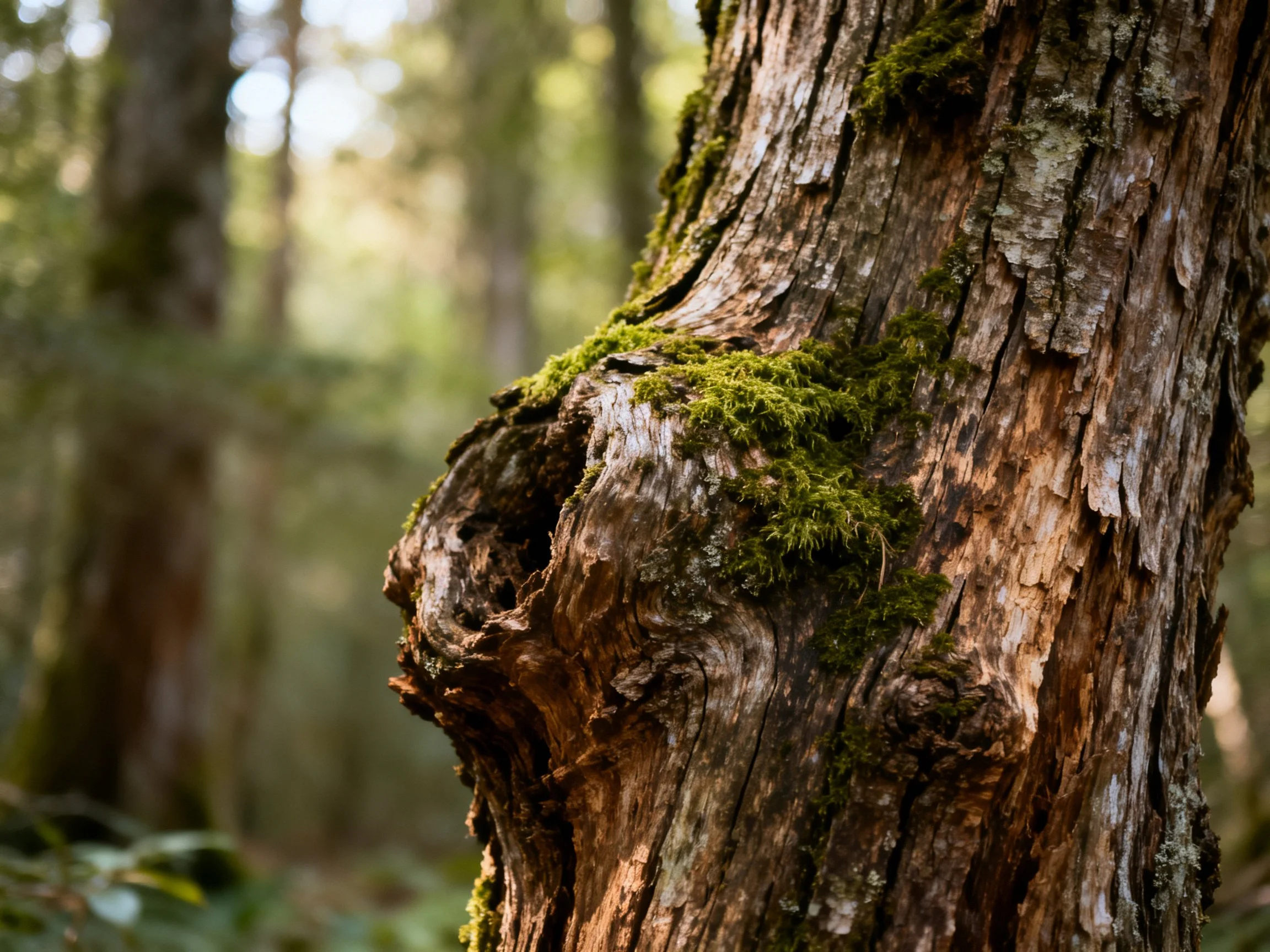 A gnarled tree trunk with vibrant green moss in a sunlit forest