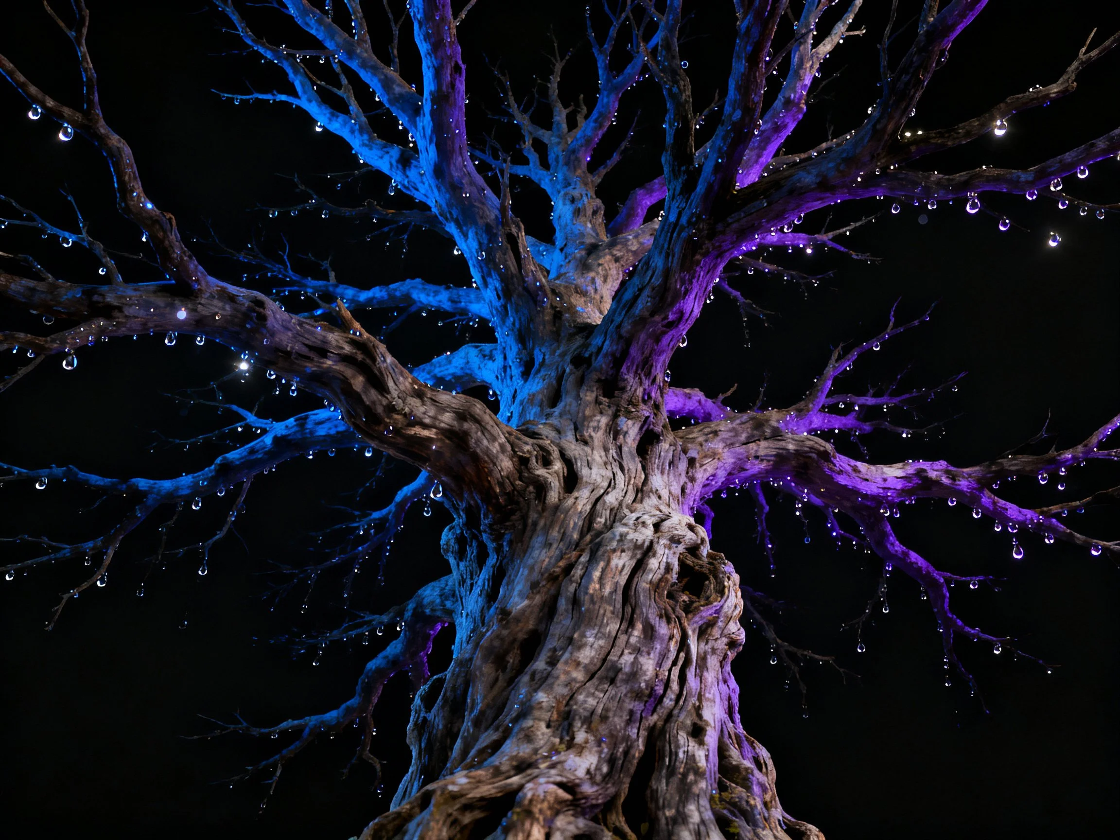 A gnarled tree with blue and purple illumination and water droplets