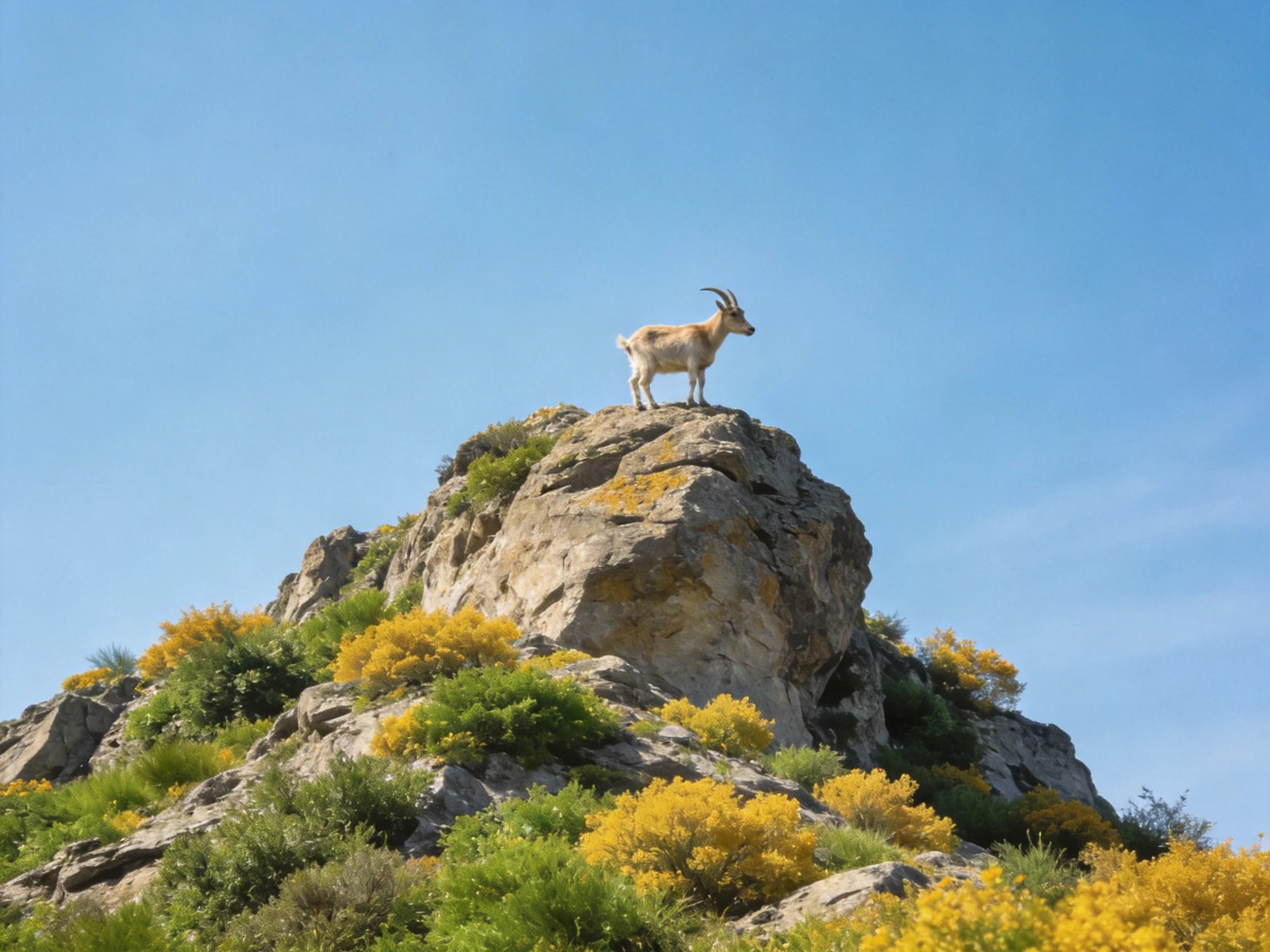 A goat stands atop a rocky hill with yellow shrubs under clear blue sky