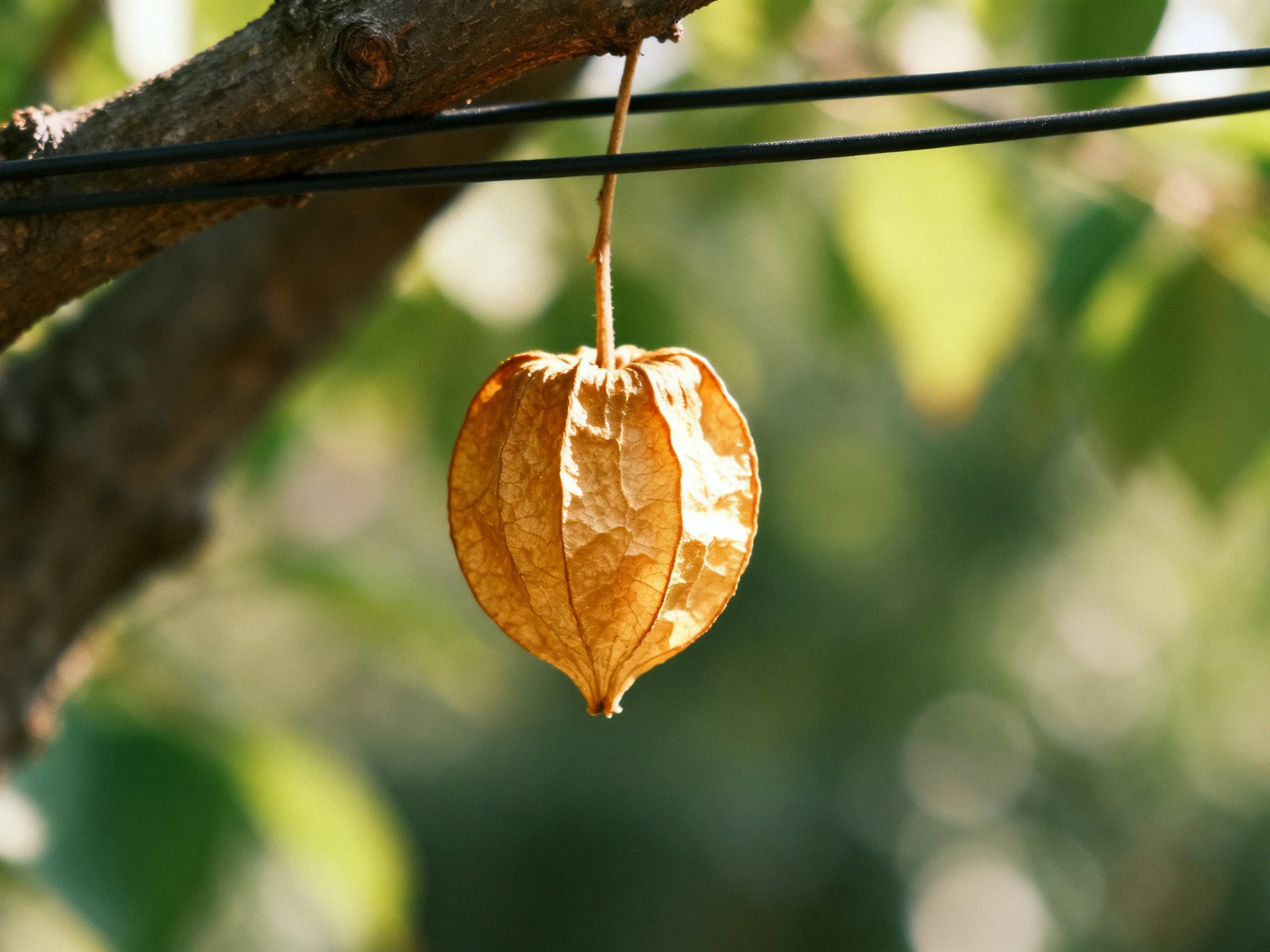 A golden-brown lantern pod hangs near black wires with blurred green foliage.