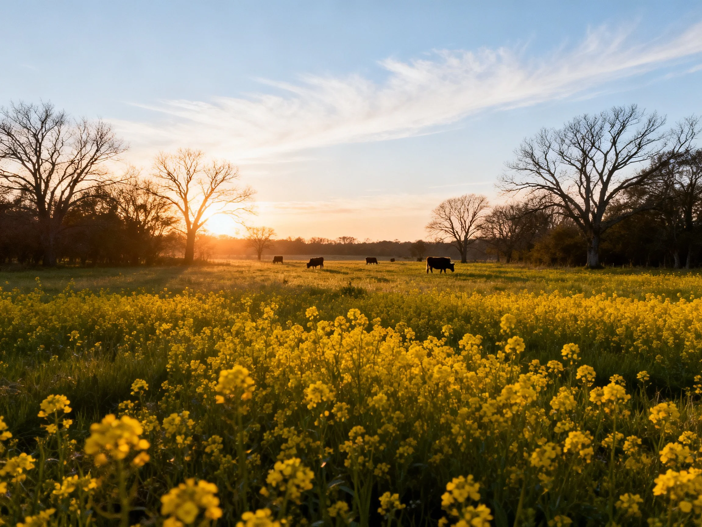 A golden field of yellow wildflowers with grazing cattle and bare trees at dawn