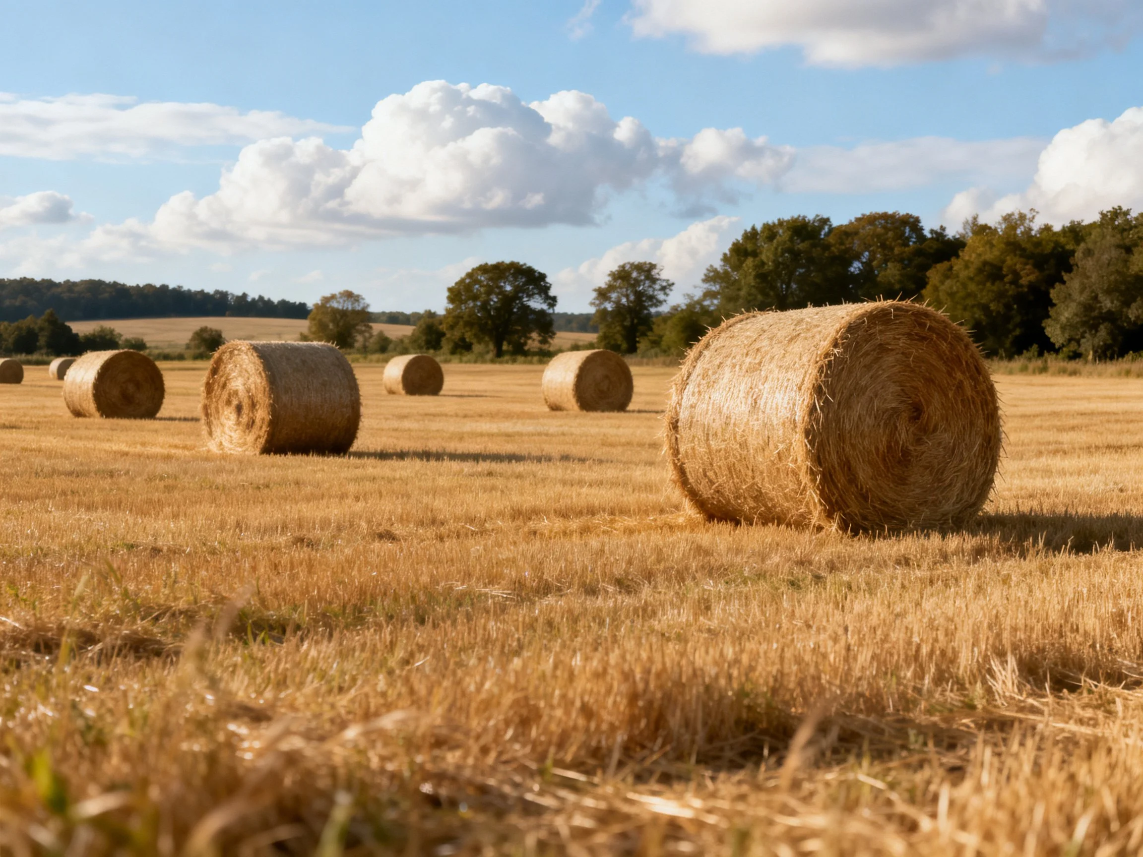 A golden field with several large straw bales under a bright blue sky