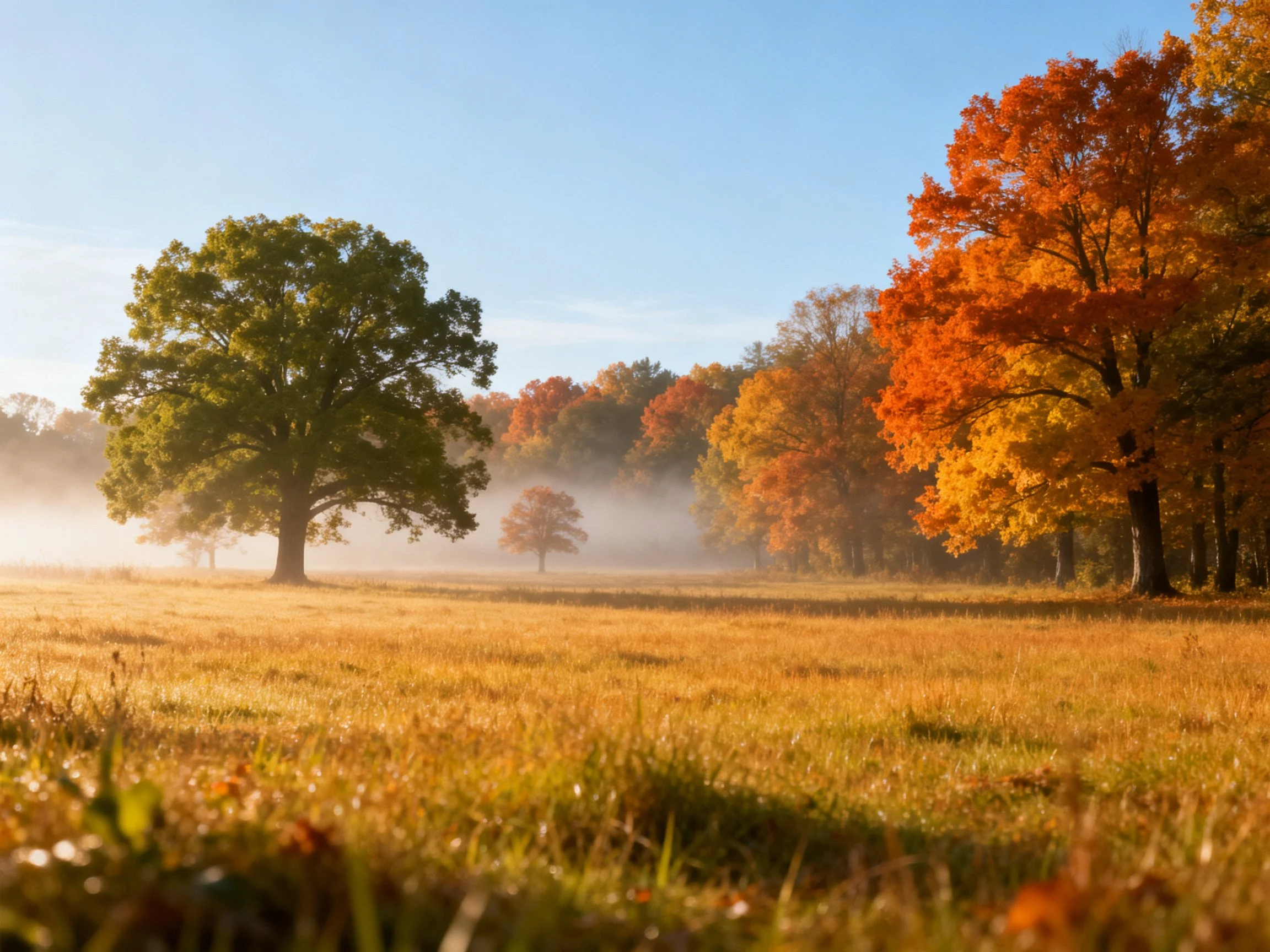 A golden field with vibrant autumn trees and morning mist