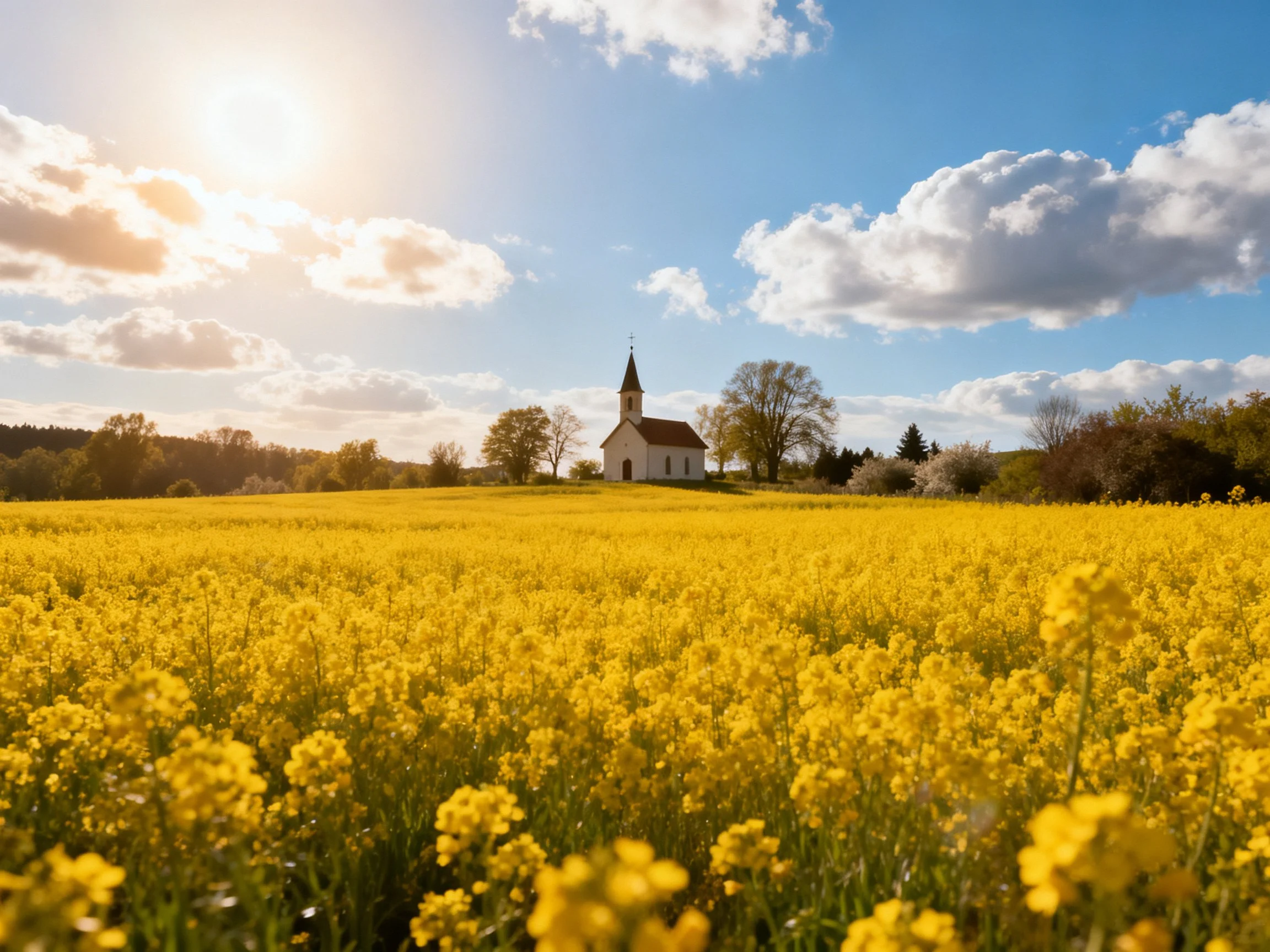 A golden flower field surrounds a small white church under bright blue skies