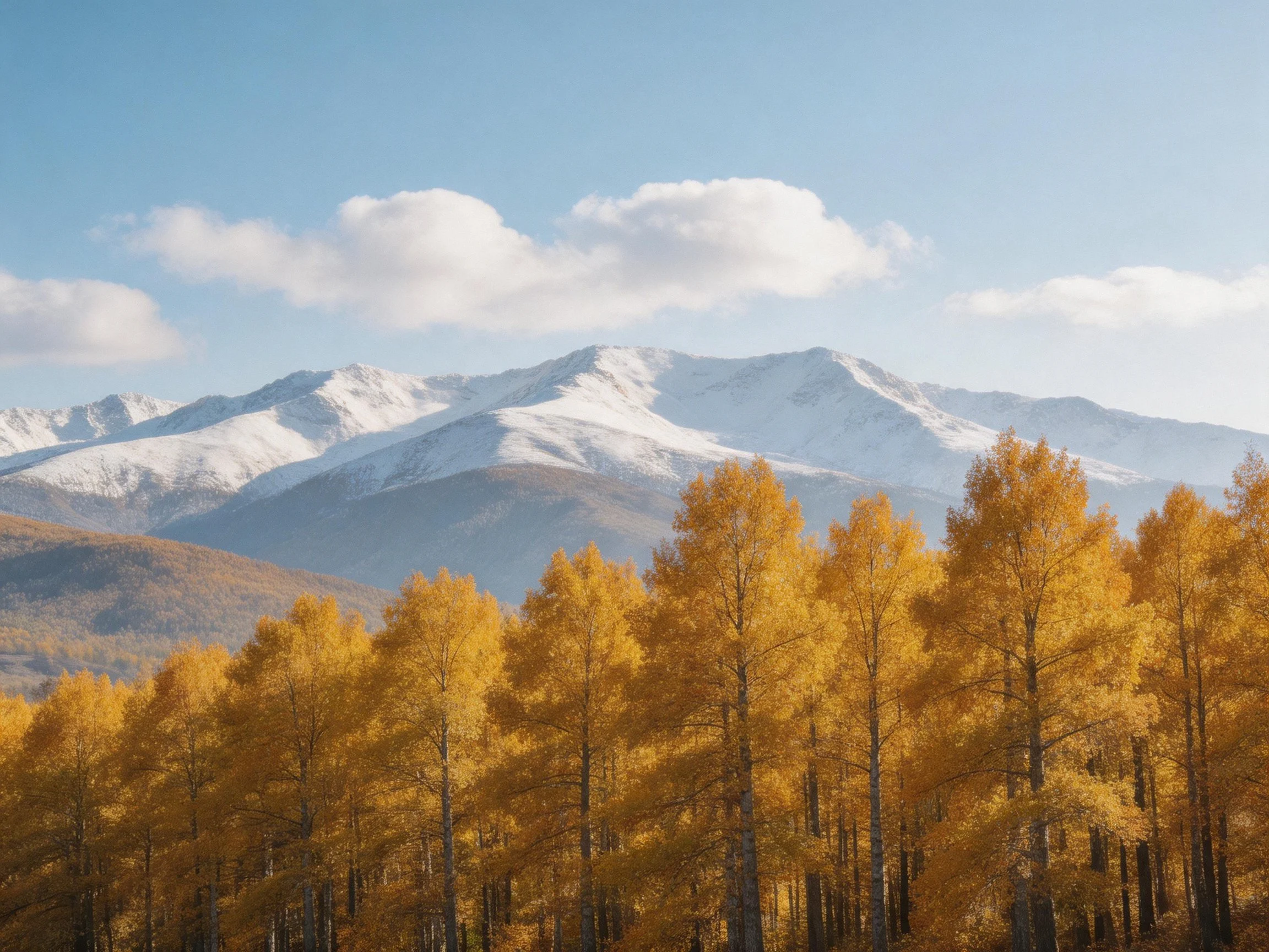 A golden forest with snow-capped mountain backdrop